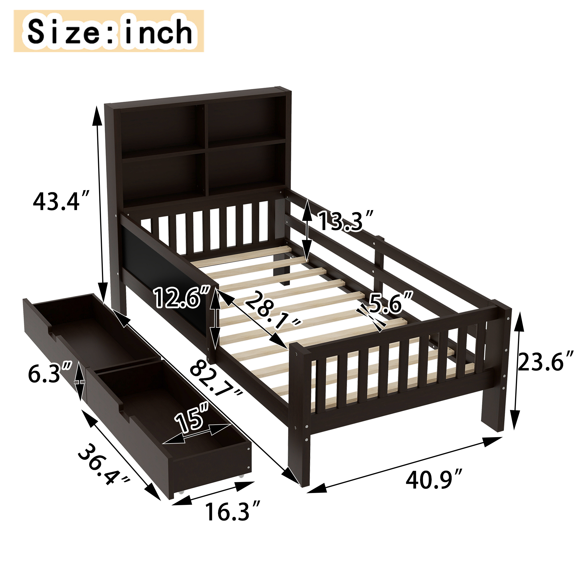 Twin Platform Bed with Chalkboard,Solid Wood Platform Bed with Storage Drawers and Shelves,Childlike Fun and Space-saving Design,Espresso - Image 4