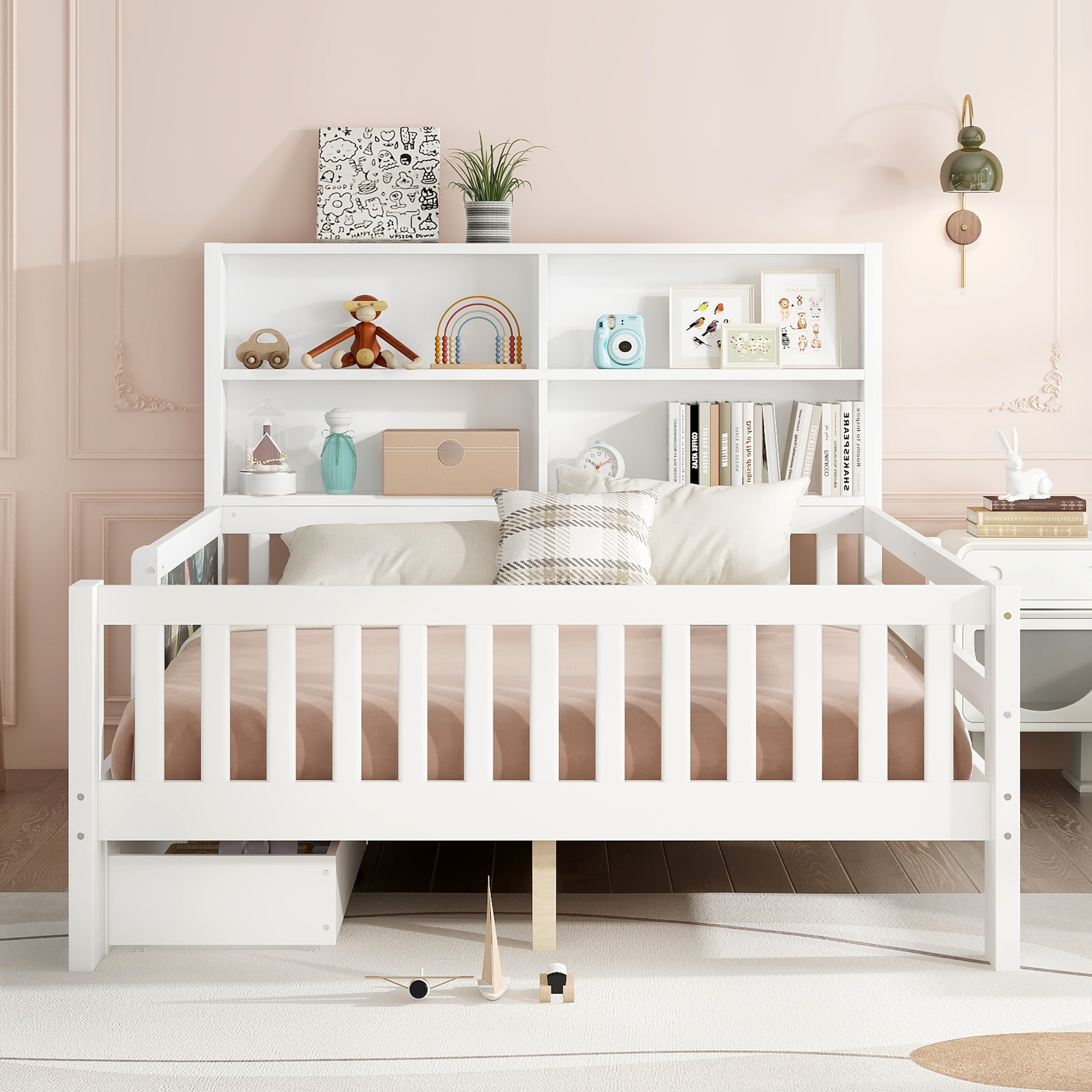 Full Platform Bed with Chalkboard, Solid Wood Platform Bed with Storage Drawers and Shelves, Childlike Fun and Space-saving Design, White - Image 2