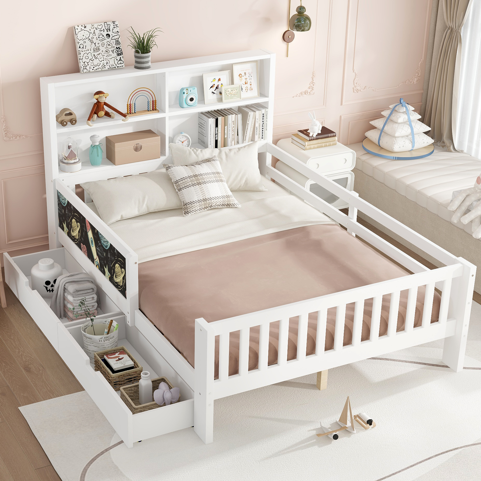 Full Platform Bed with Chalkboard, Solid Wood Platform Bed with Storage Drawers and Shelves, Childlike Fun and Space-saving Design, White - Image 3