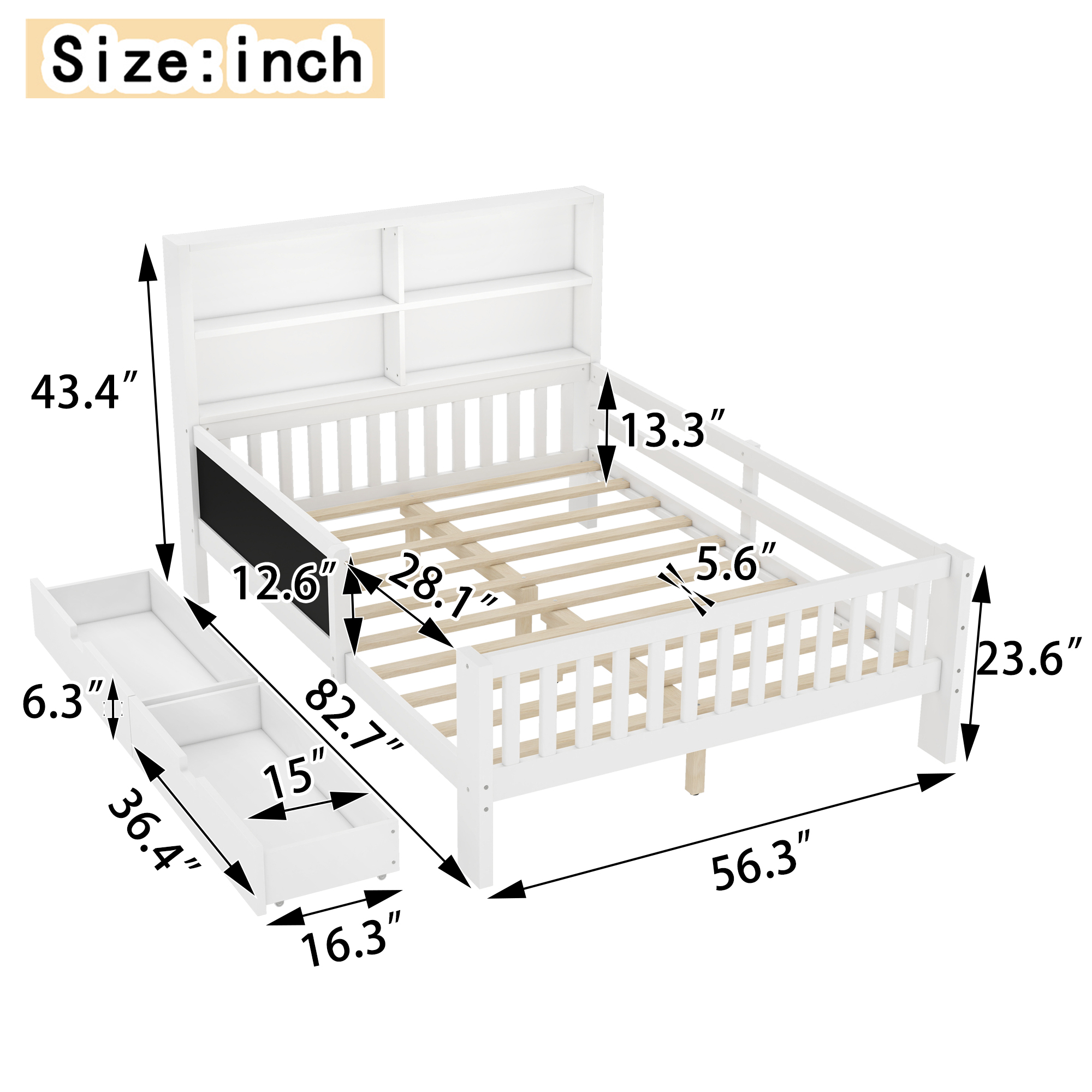 Full Platform Bed with Chalkboard, Solid Wood Platform Bed with Storage Drawers and Shelves, Childlike Fun and Space-saving Design, White - Image 4