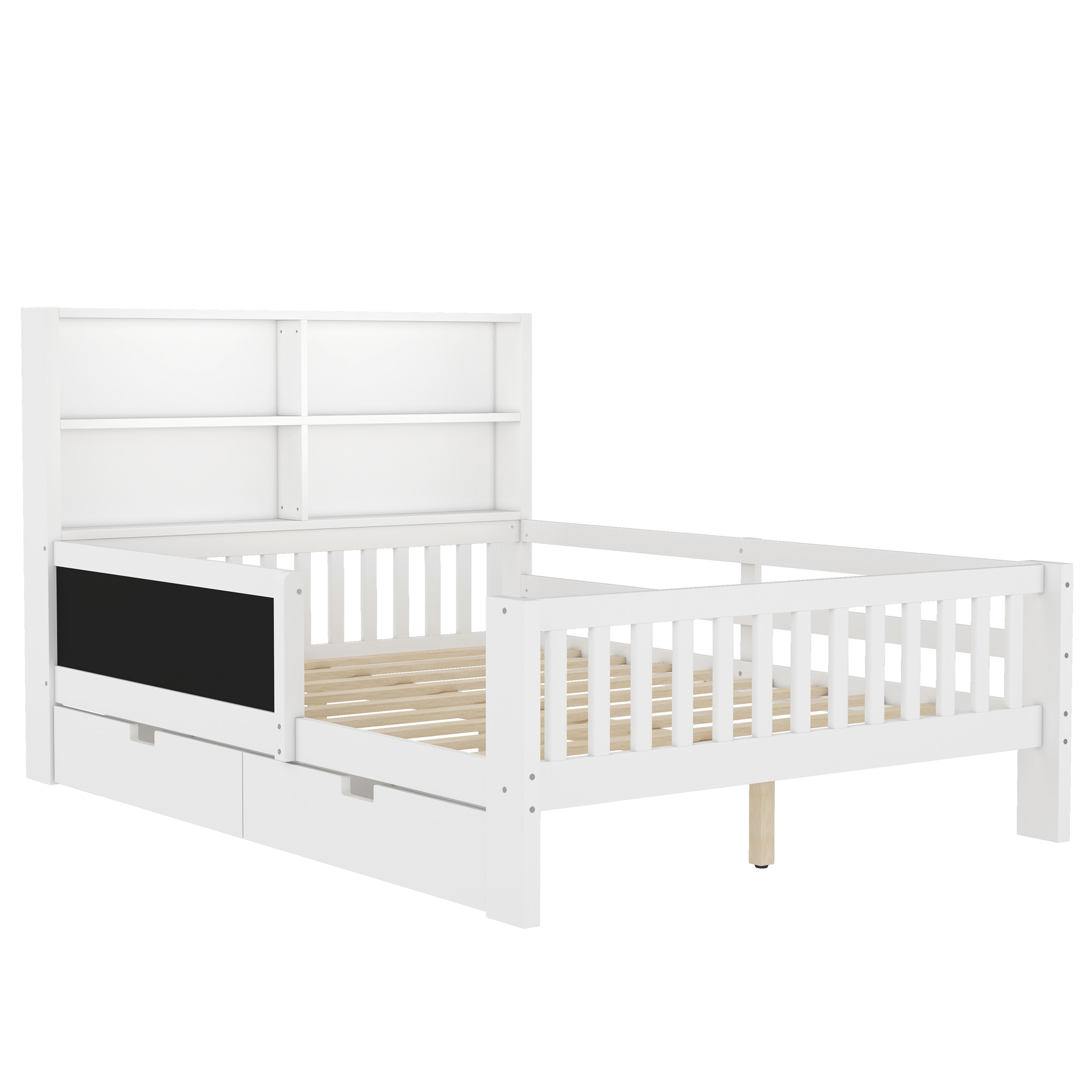 Full Platform Bed with Chalkboard, Solid Wood Platform Bed with Storage Drawers and Shelves, Childlike Fun and Space-saving Design, White - Image 5