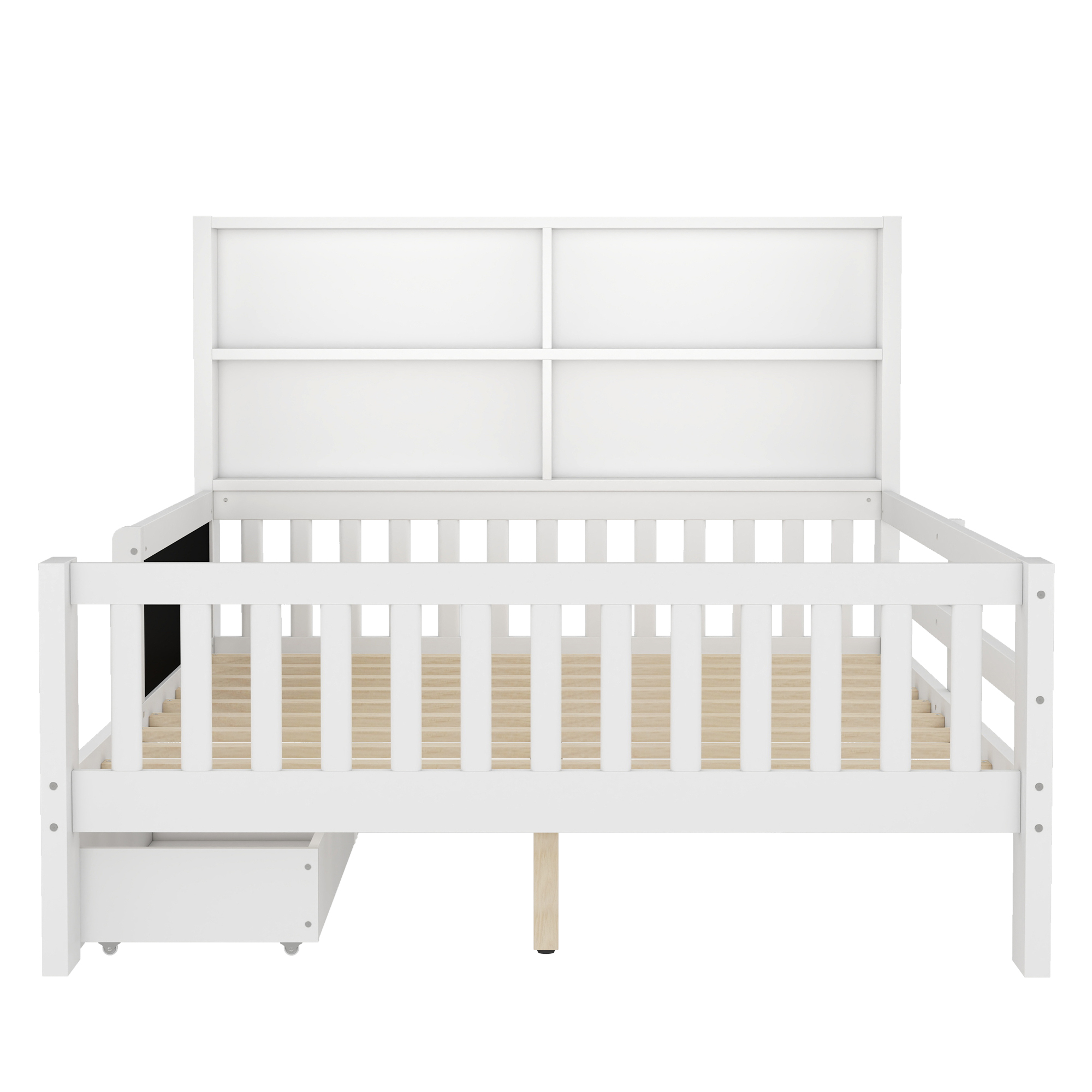Full Platform Bed with Chalkboard, Solid Wood Platform Bed with Storage Drawers and Shelves, Childlike Fun and Space-saving Design, White - Image 6