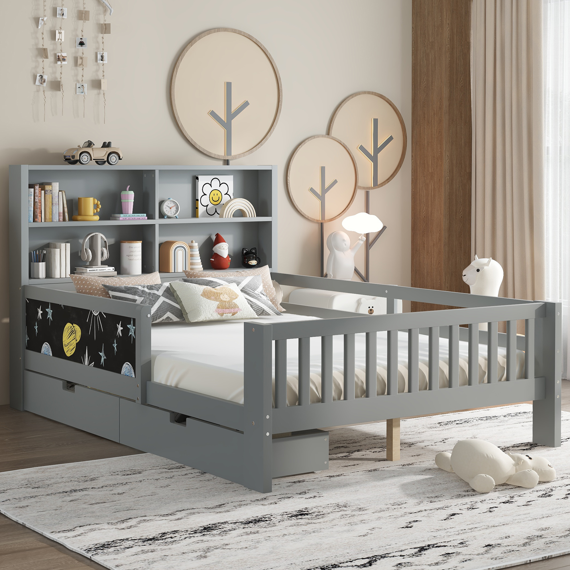 Full Platform Bed with Chalkboard, Solid Wood Platform Bed with Storage Drawers and Shelves, Childlike Fun and Space-saving Design, Gray