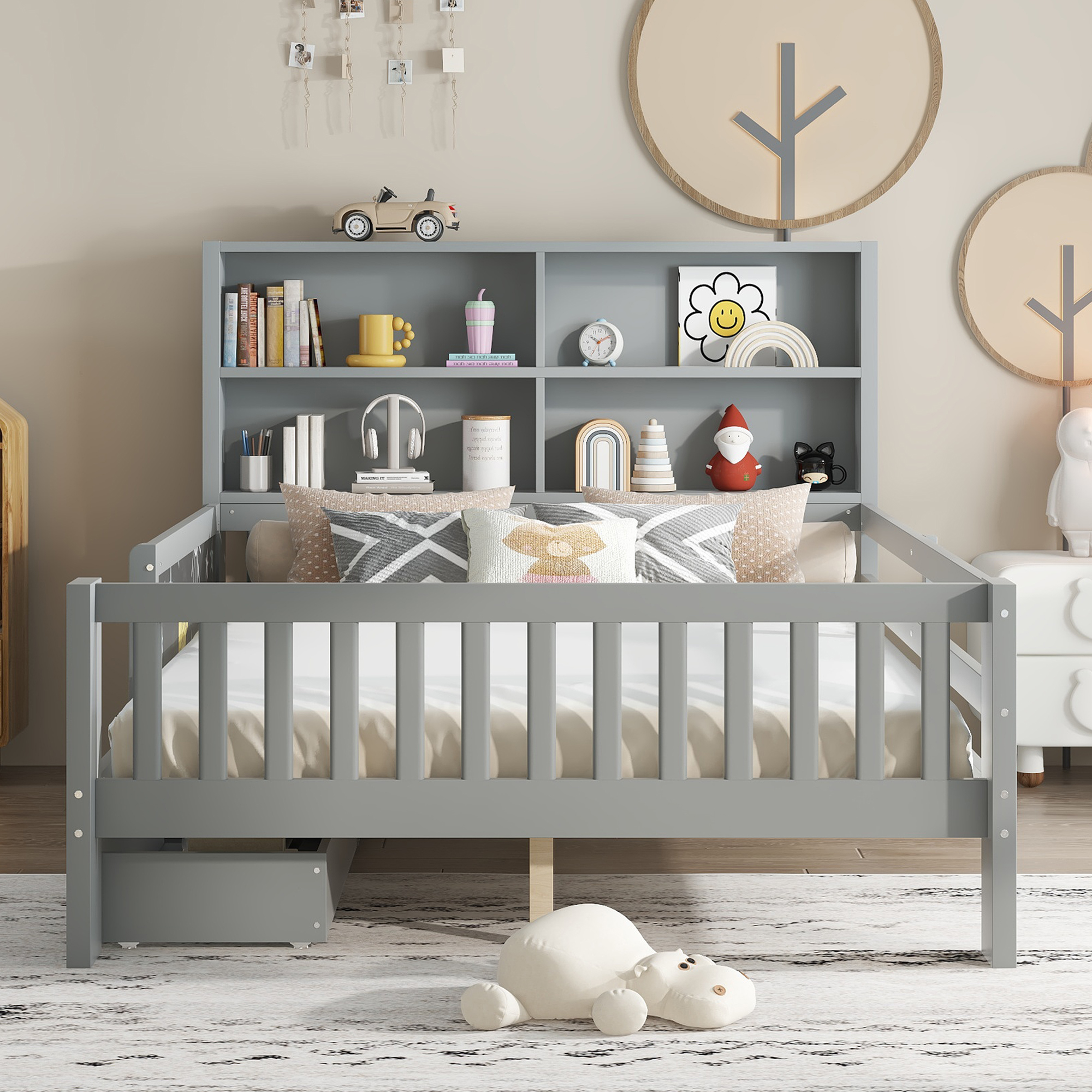 Full Platform Bed with Chalkboard, Solid Wood Platform Bed with Storage Drawers and Shelves, Childlike Fun and Space-saving Design, Gray - Image 2
