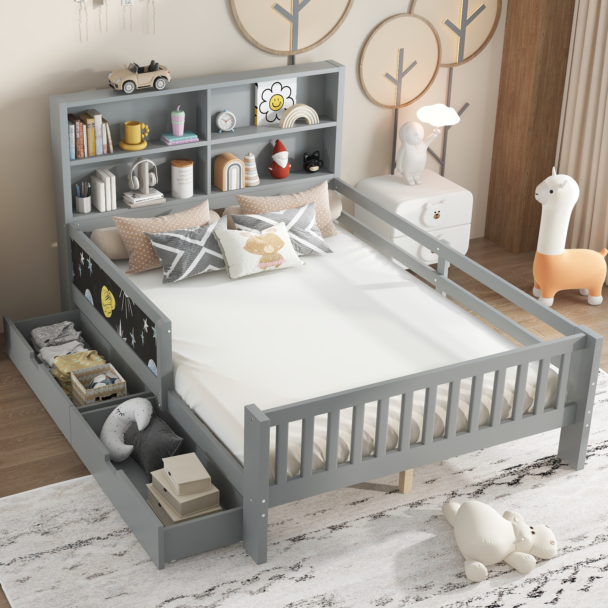 Full Platform Bed with Chalkboard, Solid Wood Platform Bed with Storage Drawers and Shelves, Childlike Fun and Space-saving Design, Gray - Image 3