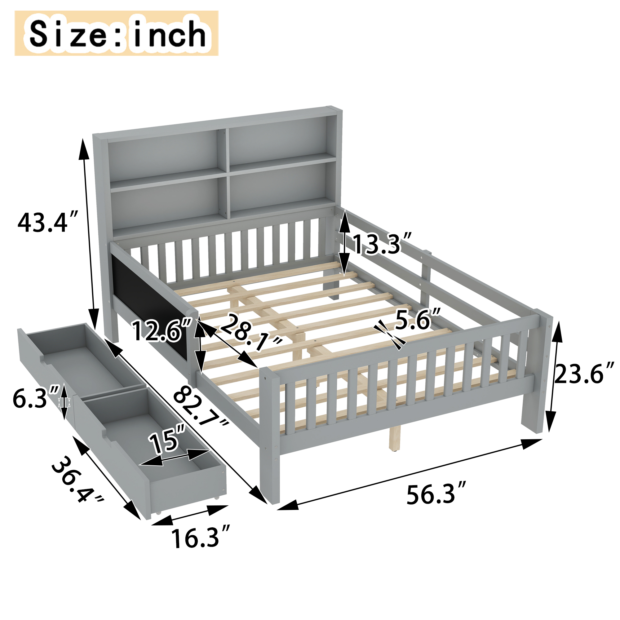 Full Platform Bed with Chalkboard, Solid Wood Platform Bed with Storage Drawers and Shelves, Childlike Fun and Space-saving Design, Gray - Image 4