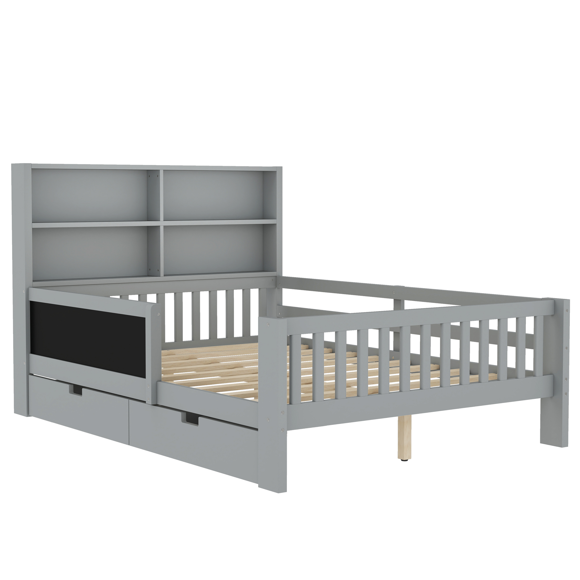 Full Platform Bed with Chalkboard, Solid Wood Platform Bed with Storage Drawers and Shelves, Childlike Fun and Space-saving Design, Gray - Image 5