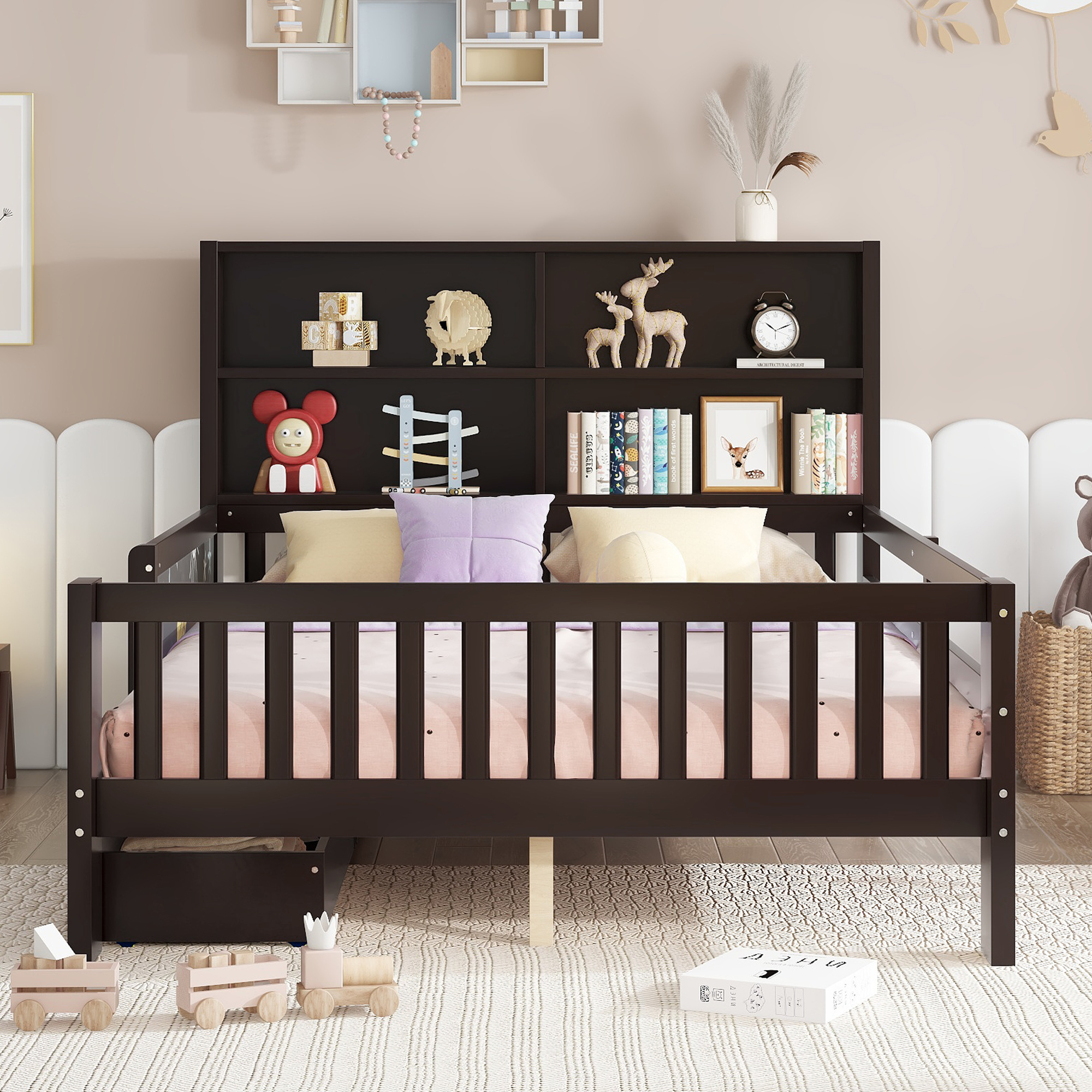 Full Platform Bed with Chalkboard, Solid Wood Platform Bed with Storage Drawers and Shelves, Childlike Fun and Space-saving Design, Espresso - Image 2