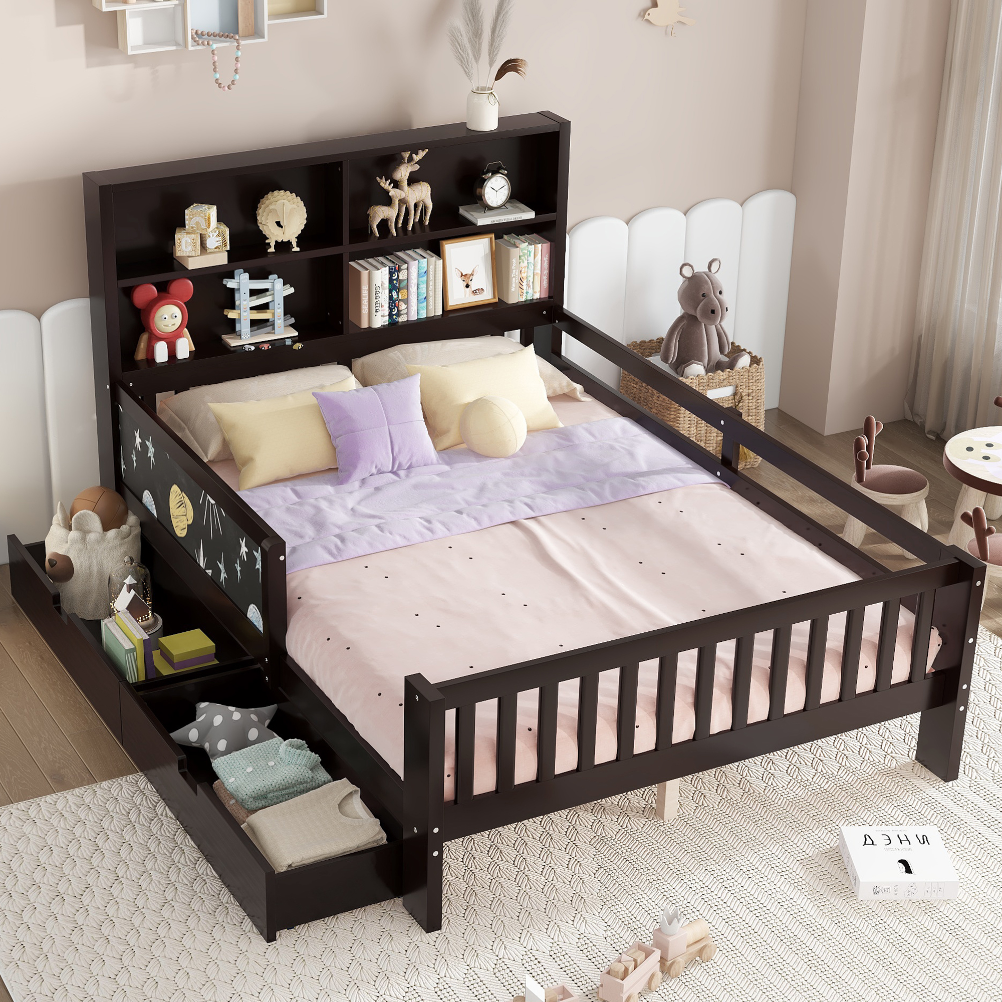 Full Platform Bed with Chalkboard, Solid Wood Platform Bed with Storage Drawers and Shelves, Childlike Fun and Space-saving Design, Espresso - Image 3