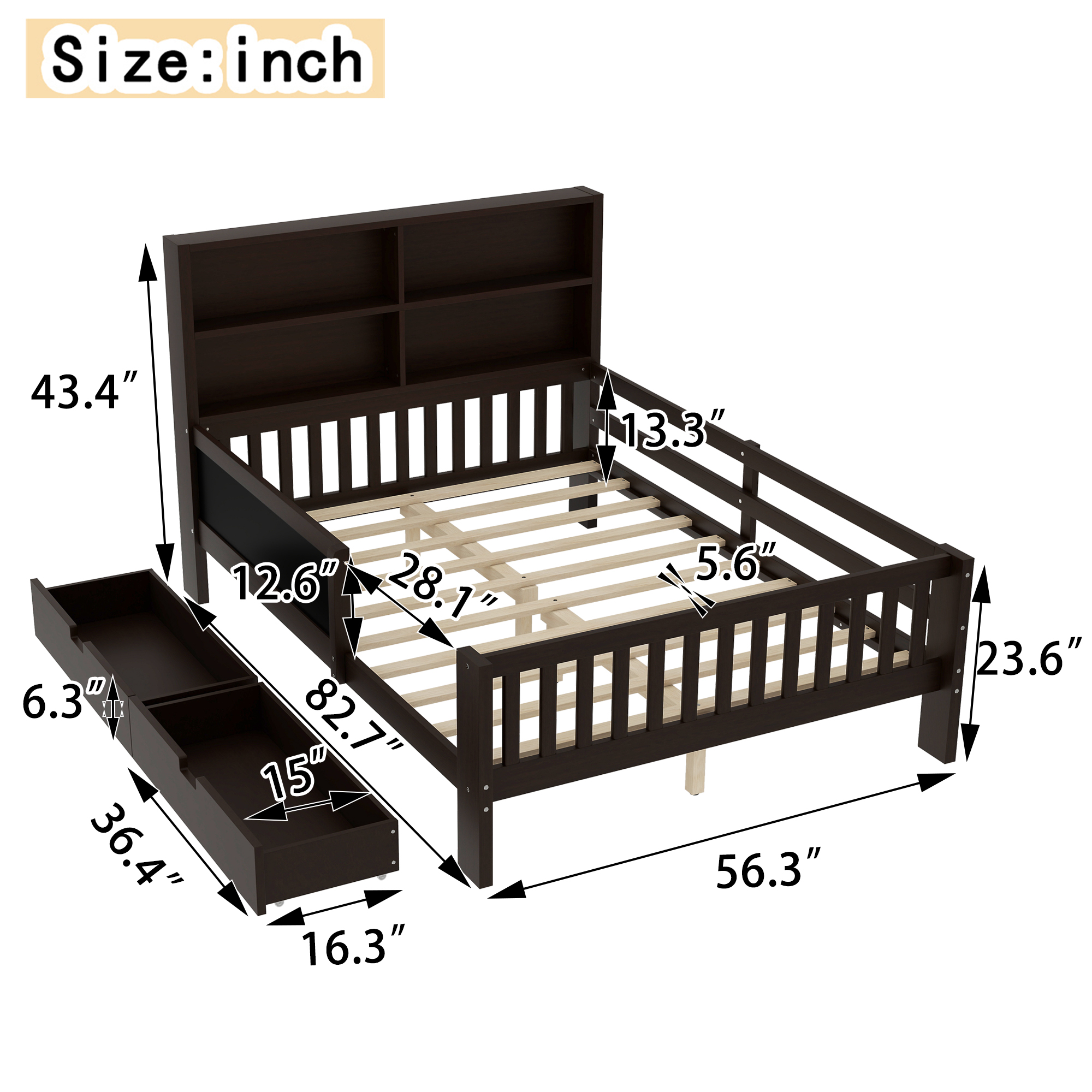 Full Platform Bed with Chalkboard, Solid Wood Platform Bed with Storage Drawers and Shelves, Childlike Fun and Space-saving Design, Espresso - Image 4