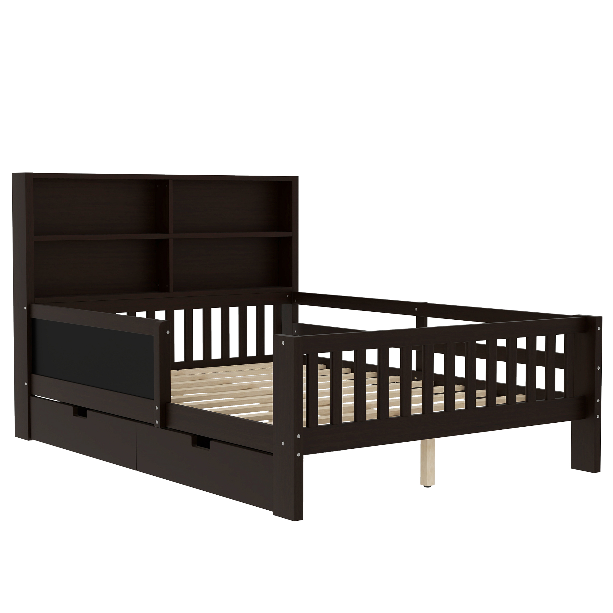 Full Platform Bed with Chalkboard, Solid Wood Platform Bed with Storage Drawers and Shelves, Childlike Fun and Space-saving Design, Espresso - Image 5