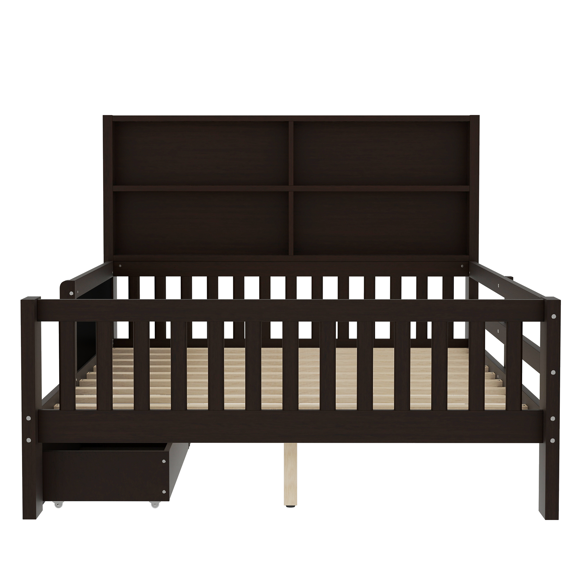 Full Platform Bed with Chalkboard, Solid Wood Platform Bed with Storage Drawers and Shelves, Childlike Fun and Space-saving Design, Espresso - Image 6