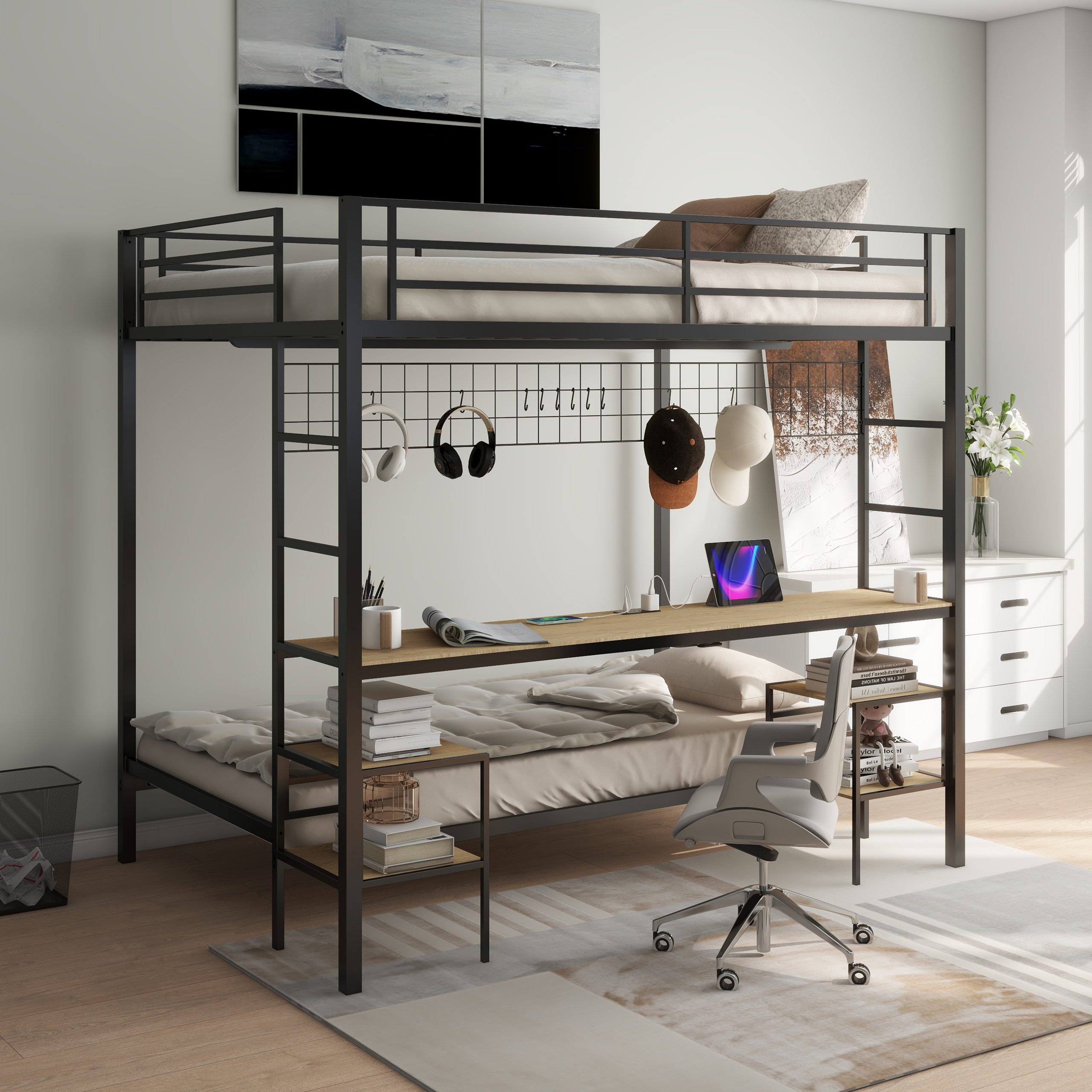 Ethan Full Over Twin Bunk Bed with Desk and Charging Station and Storage Shelves and Metal Wire Mesh Panel with Hooks for Teen,Safety Guard & Stairs,No Box Spring Needed, Black & Nature Oak