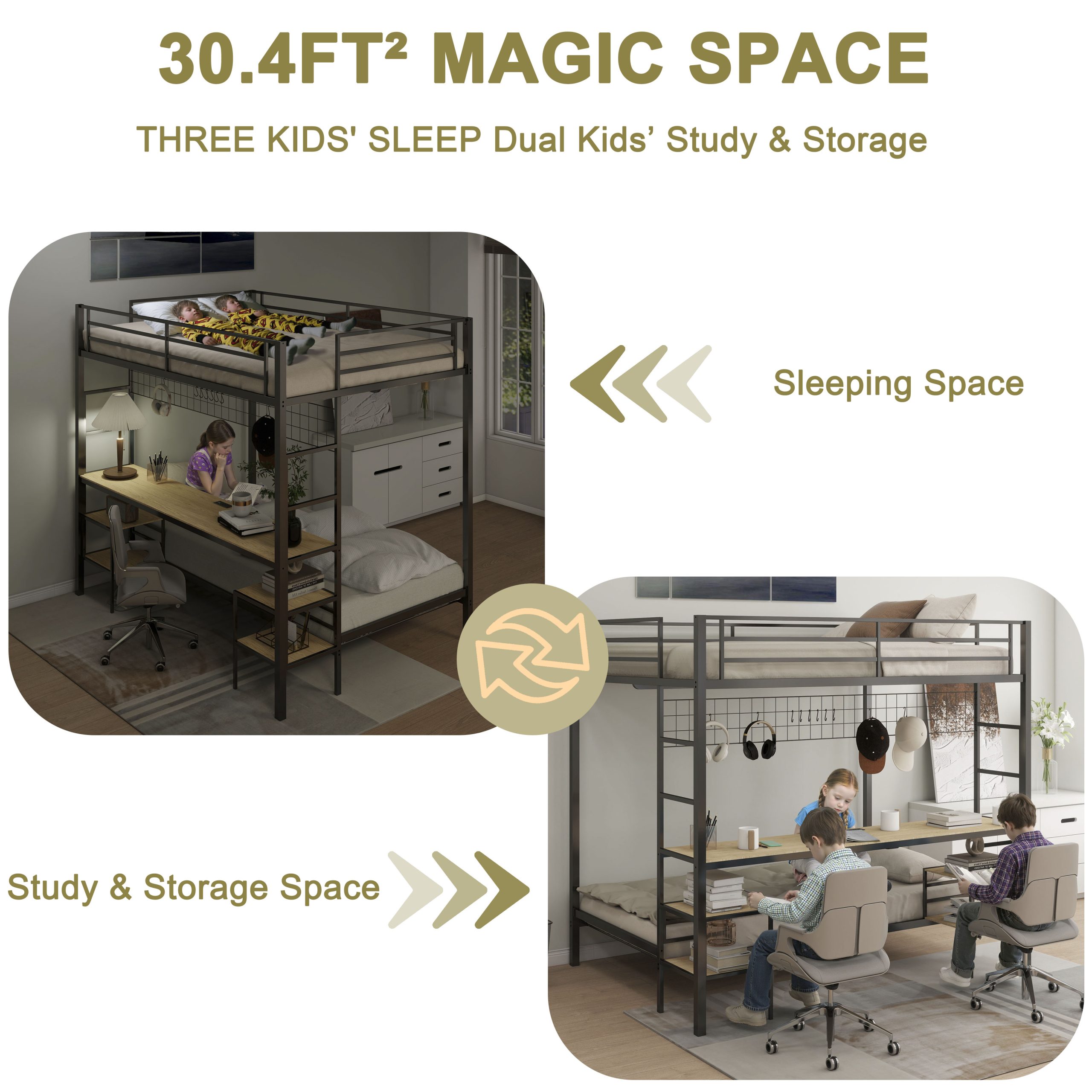Ethan Full Over Twin Bunk Bed with Desk and Charging Station and Storage Shelves and Metal Wire Mesh Panel with Hooks for Teen,Safety Guard & Stairs,No Box Spring Needed, Black & Nature Oak - Image 5