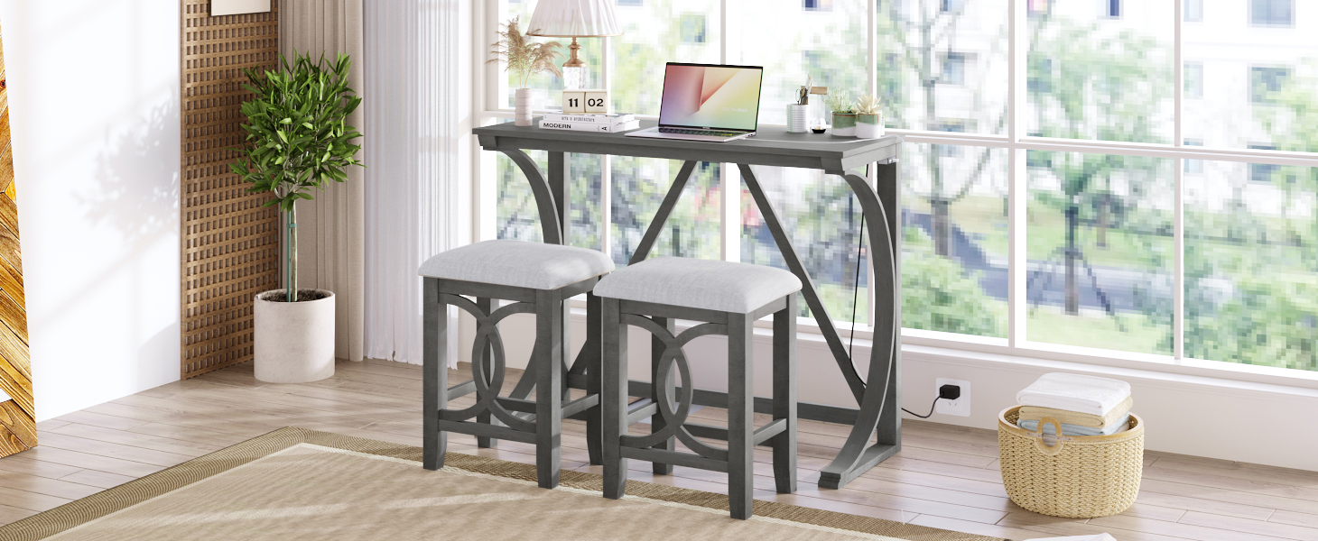 TOPMAX Farmhouse 3-Piece Counter Height Dining Table Set with USB Port and Upholstered Stools,Gray - Image 2