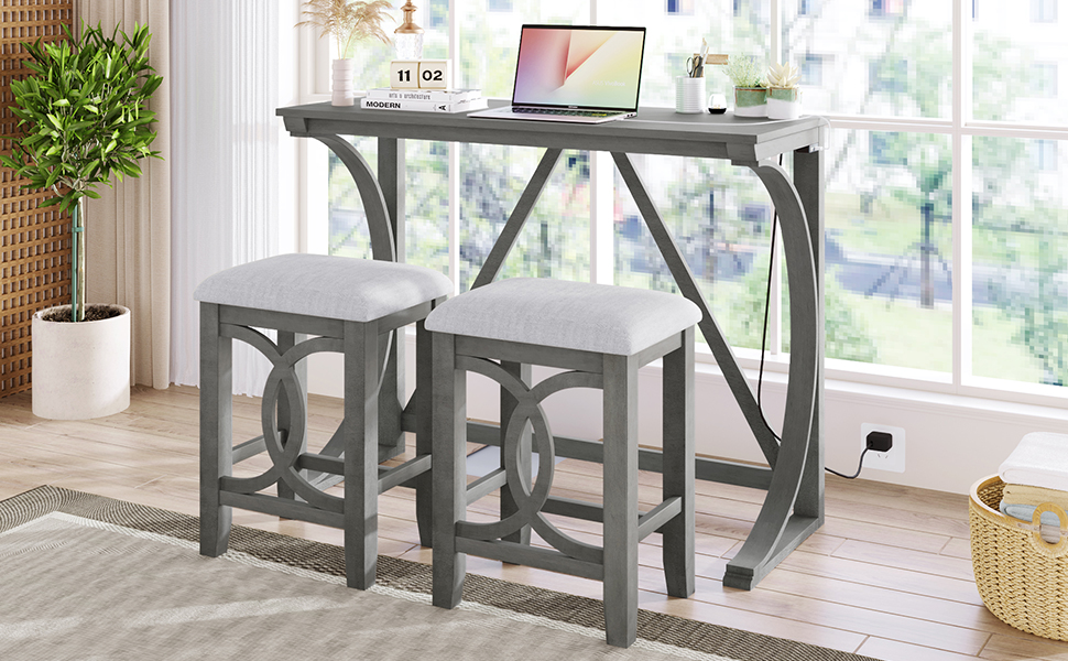 TOPMAX Farmhouse 3-Piece Counter Height Dining Table Set with USB Port and Upholstered Stools,Gray - Image 3