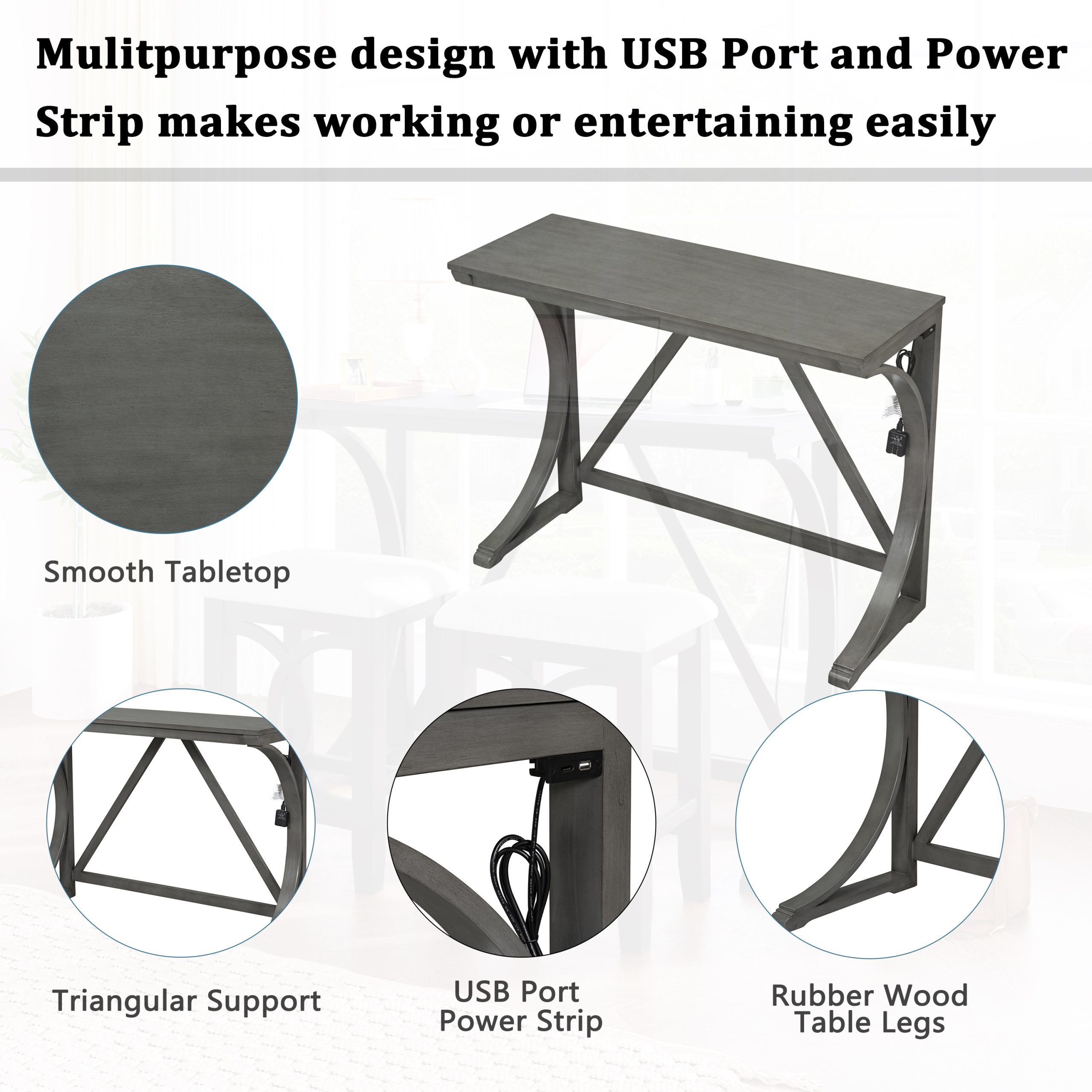TOPMAX Farmhouse 3-Piece Counter Height Dining Table Set with USB Port and Upholstered Stools,Gray - Image 4