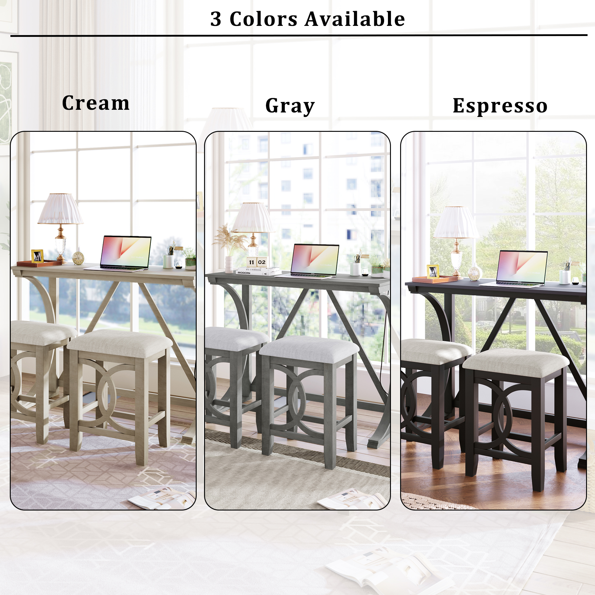 TOPMAX Farmhouse 3-Piece Counter Height Dining Table Set with USB Port and Upholstered Stools,Espresso - Image 5