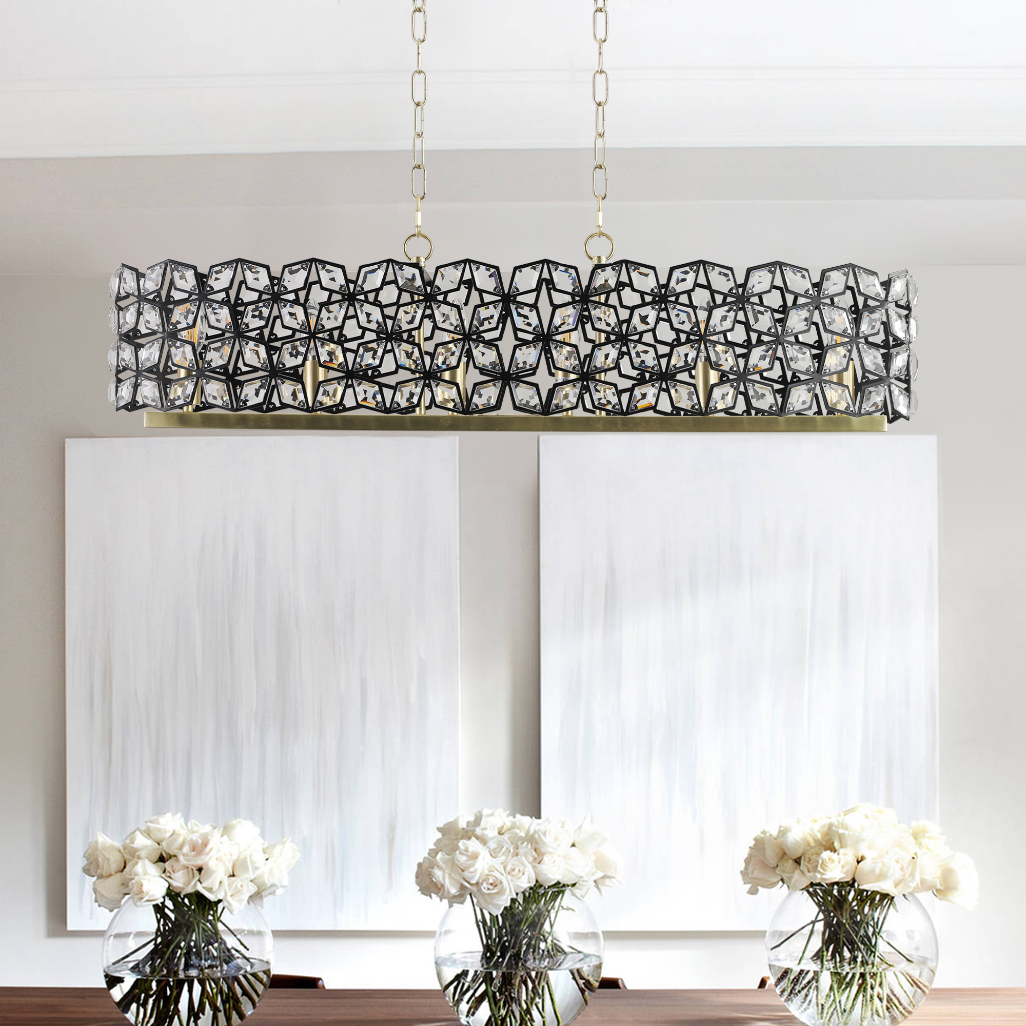 39" Contemporary Crystal and BlackGold Pendant Chandelier – Geometric Modern Light Fixture for Dining Room, Kitchen, or Living Room (Bulb Not Included) - Image 3