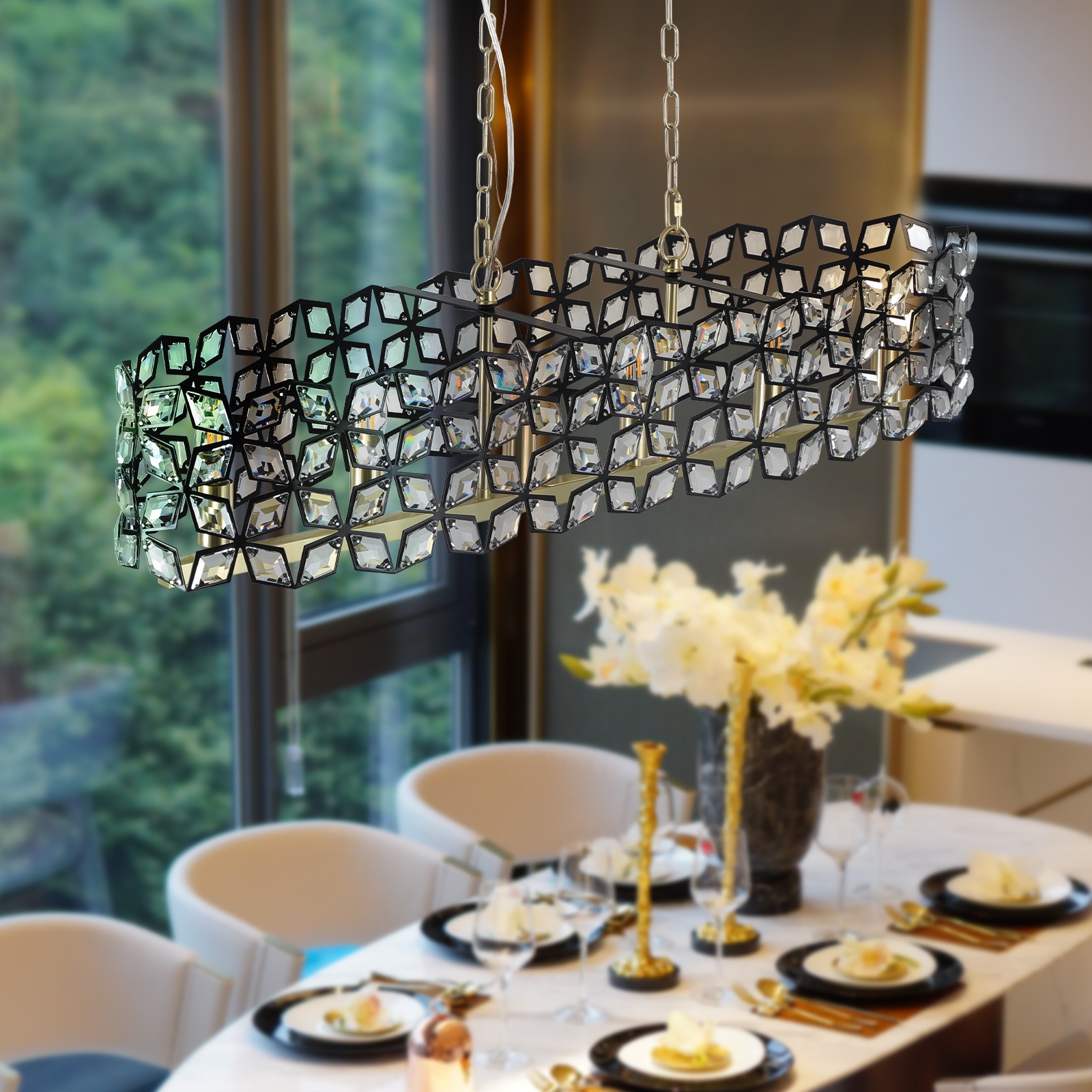 39" Contemporary Crystal and BlackGold Pendant Chandelier – Geometric Modern Light Fixture for Dining Room, Kitchen, or Living Room (Bulb Not Included) - Image 6