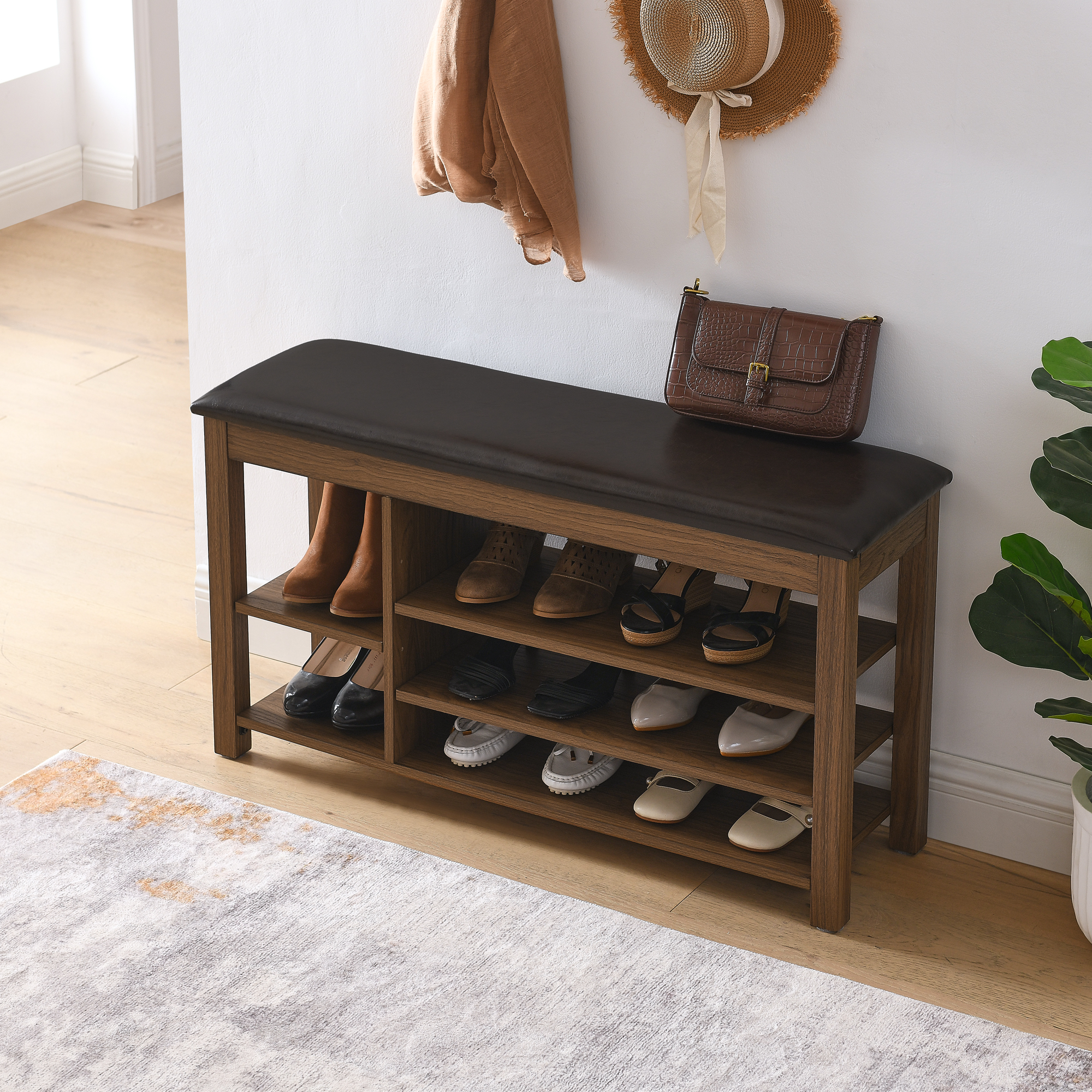 A height-adjustable long shoe-changing bench,made of natural rubberwood,comes with a comfortable seat,concealed storage space and large storage compartments. features natural wood grain.Brown - Image 2