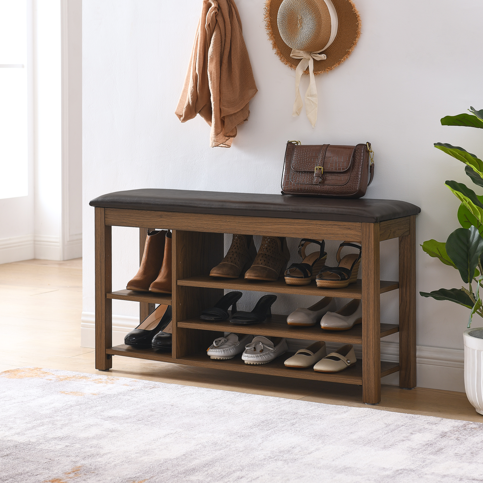 A height-adjustable long shoe-changing bench,made of natural rubberwood,comes with a comfortable seat,concealed storage space and large storage compartments. features natural wood grain.Brown - Image 3