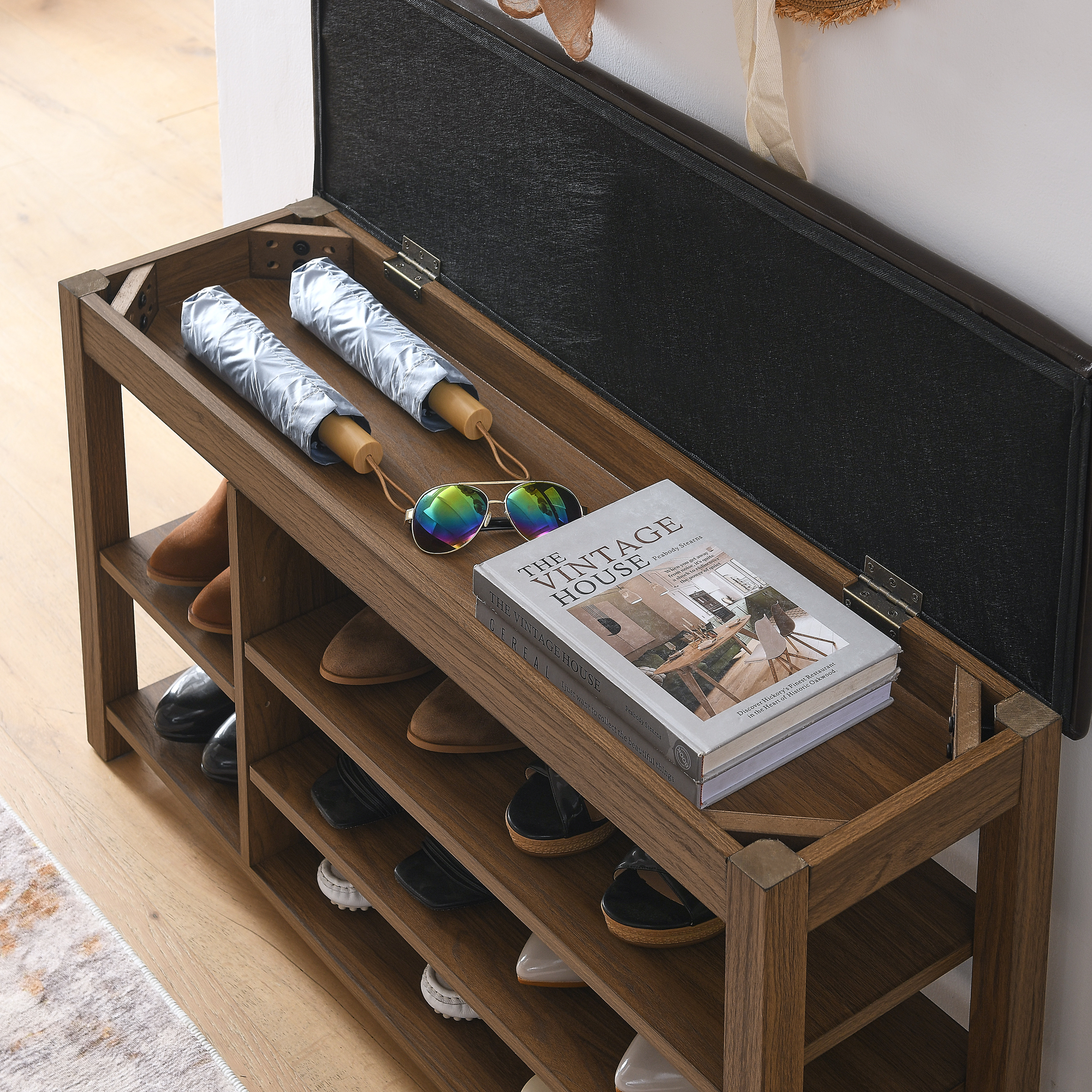 A height-adjustable long shoe-changing bench,made of natural rubberwood,comes with a comfortable seat,concealed storage space and large storage compartments. features natural wood grain.Brown - Image 4