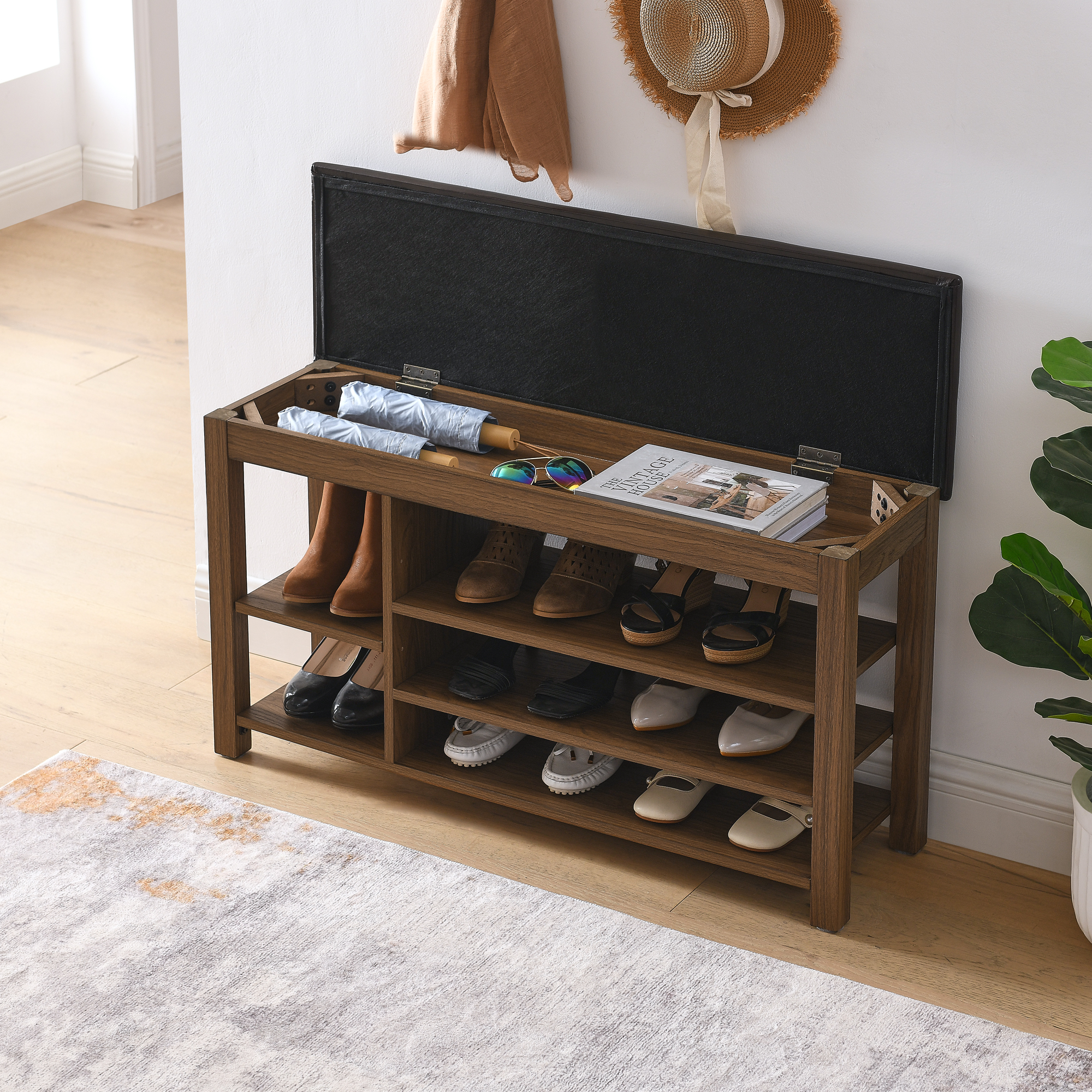 A height-adjustable long shoe-changing bench,made of natural rubberwood,comes with a comfortable seat,concealed storage space and large storage compartments. features natural wood grain.Brown - Image 5