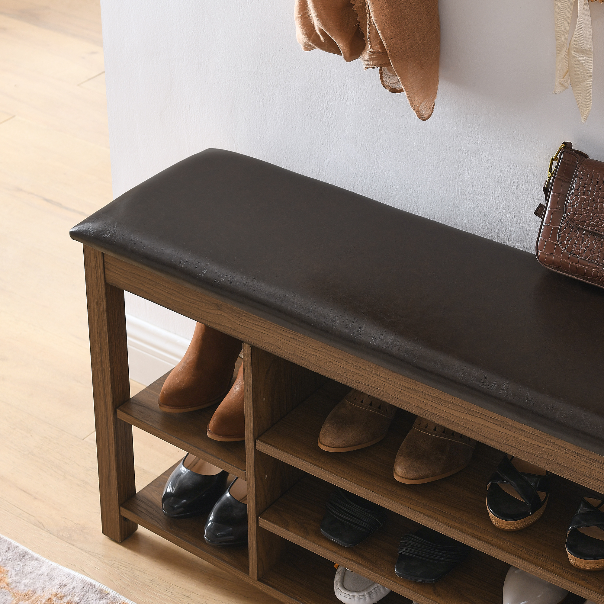 A height-adjustable long shoe-changing bench,made of natural rubberwood,comes with a comfortable seat,concealed storage space and large storage compartments. features natural wood grain.Brown - Image 6