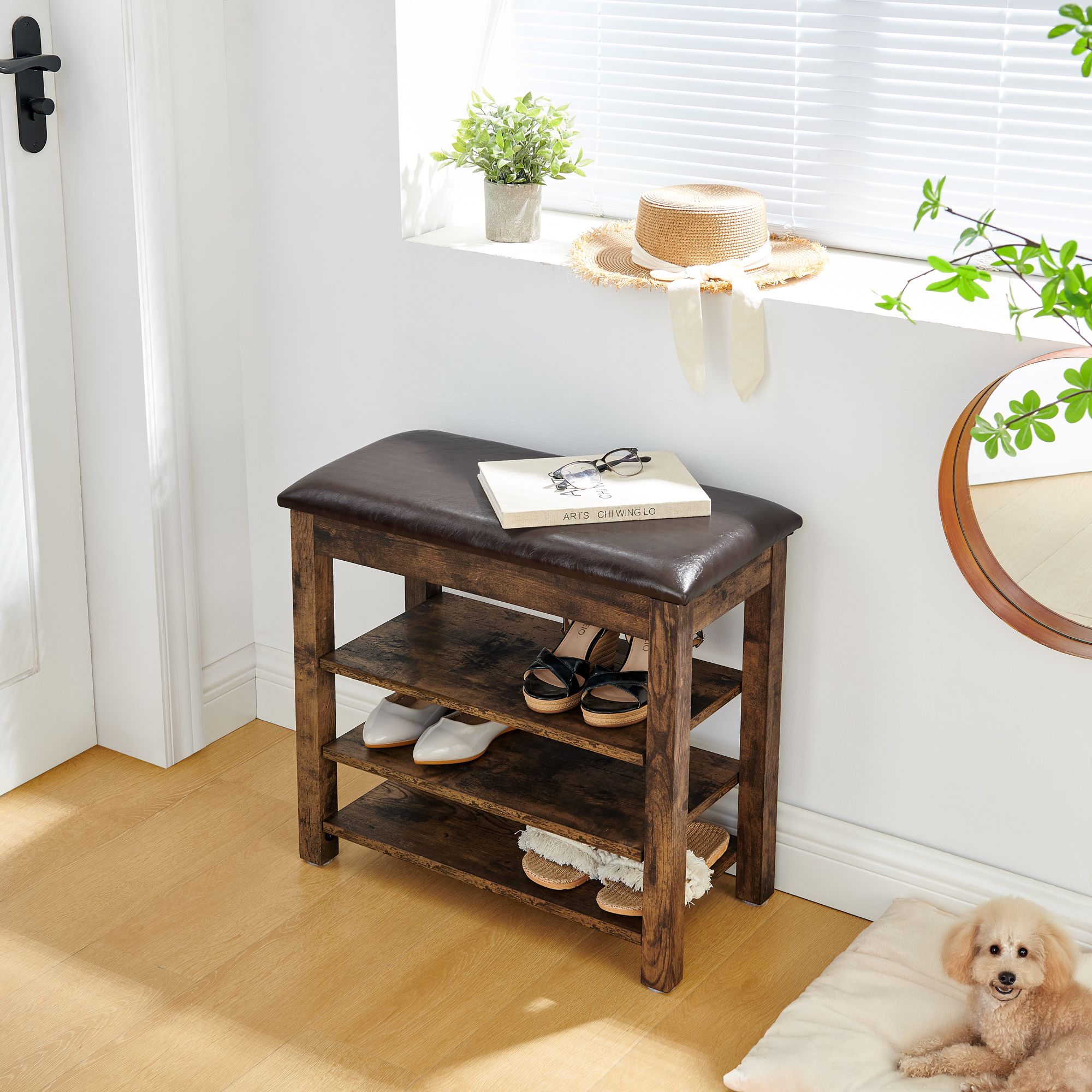 A height-adjustable shoe-changing bench made of high-quality wood, equipped with a comfortable seat and concealed storage space, featuring charcoal-grained wood ,Vintage - Image 2
