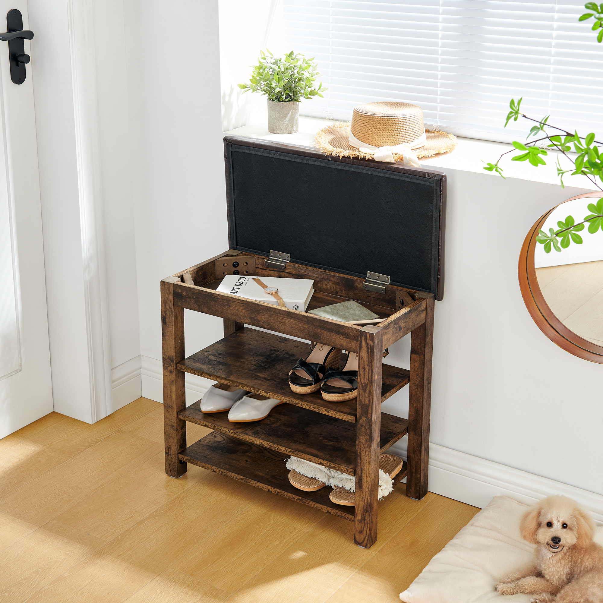 A height-adjustable shoe-changing bench made of high-quality wood, equipped with a comfortable seat and concealed storage space, featuring charcoal-grained wood ,Vintage - Image 3