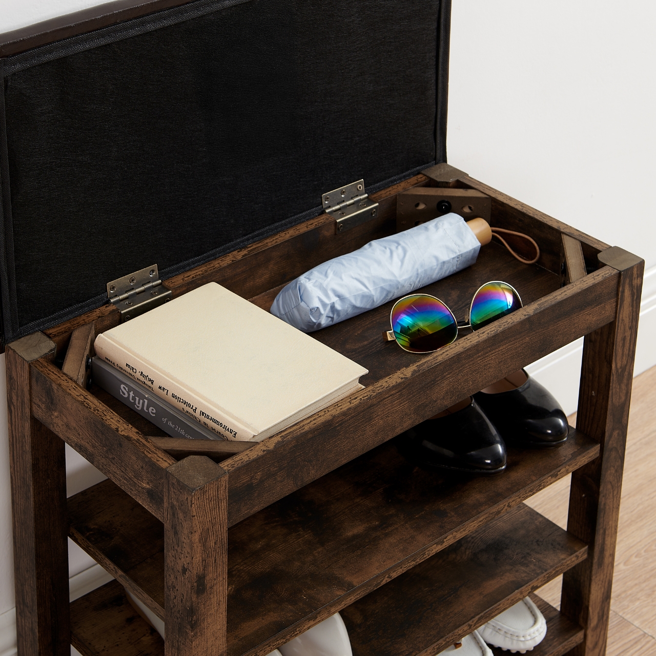 A height-adjustable shoe-changing bench made of high-quality wood, equipped with a comfortable seat and concealed storage space, featuring charcoal-grained wood ,Vintage - Image 4