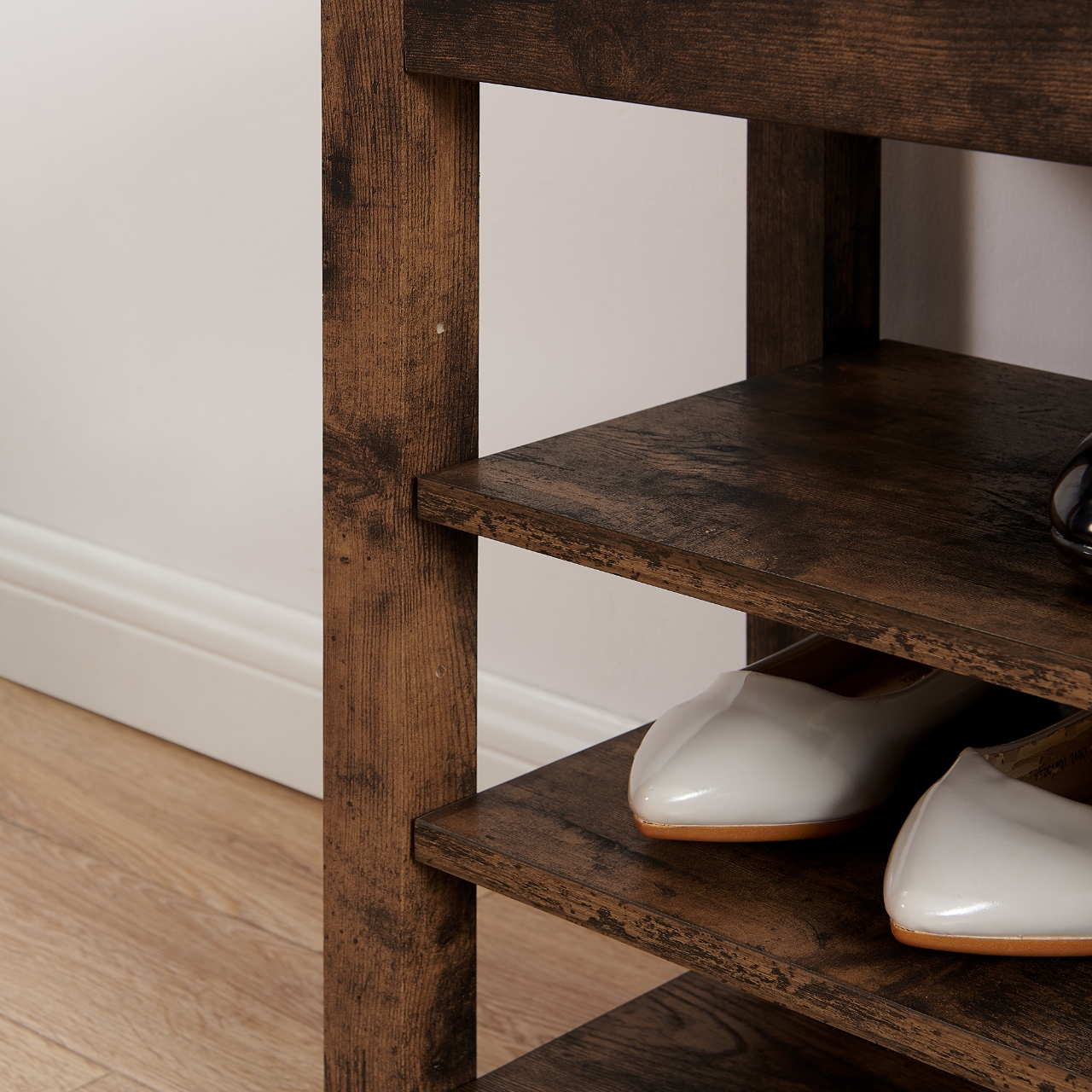 A height-adjustable shoe-changing bench made of high-quality wood, equipped with a comfortable seat and concealed storage space, featuring charcoal-grained wood ,Vintage - Image 5