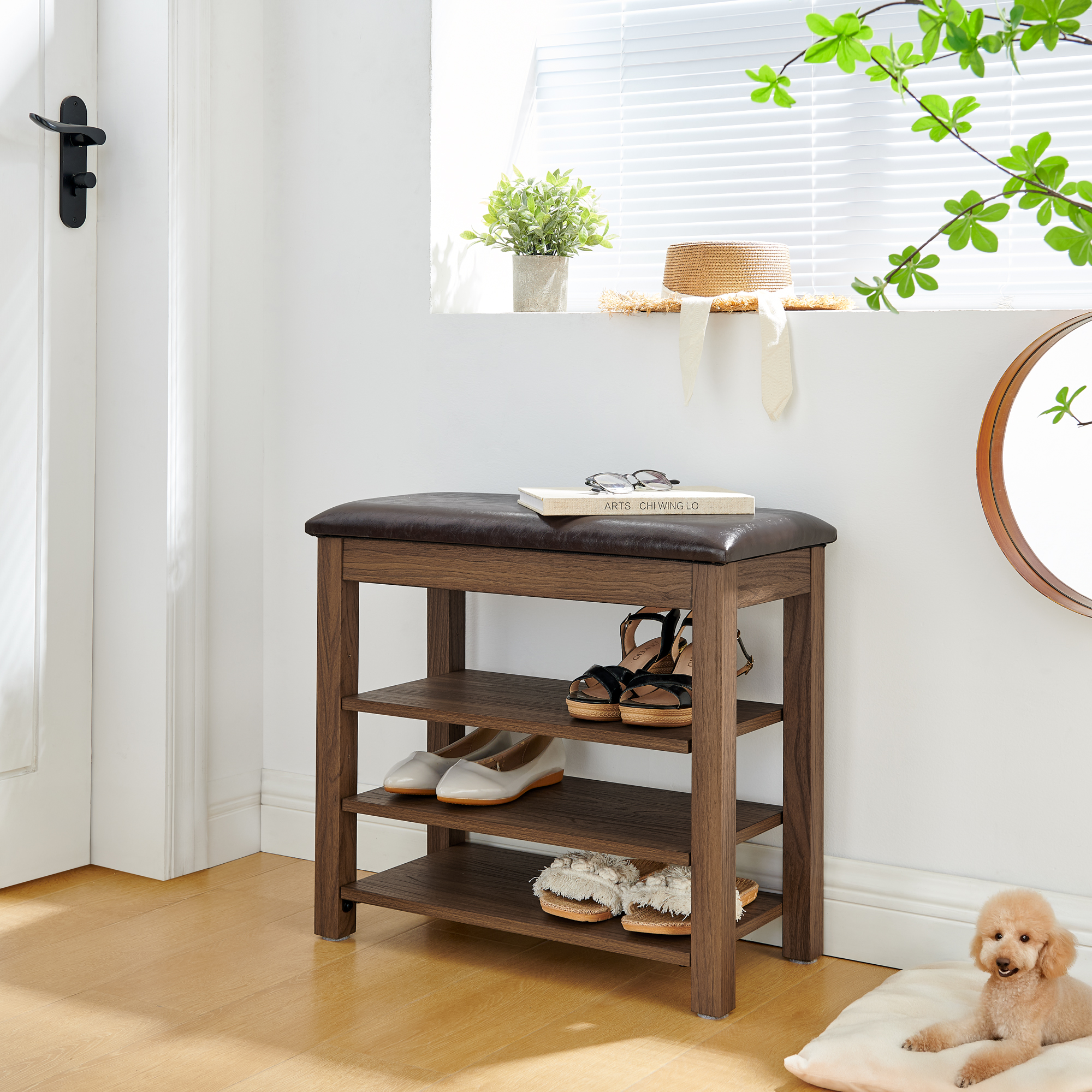 A height-adjustable shoe-changing bench made of high-quality wood, equipped with a comfortable seat and concealed storage space,Natural rubber wood,Brown - Image 2
