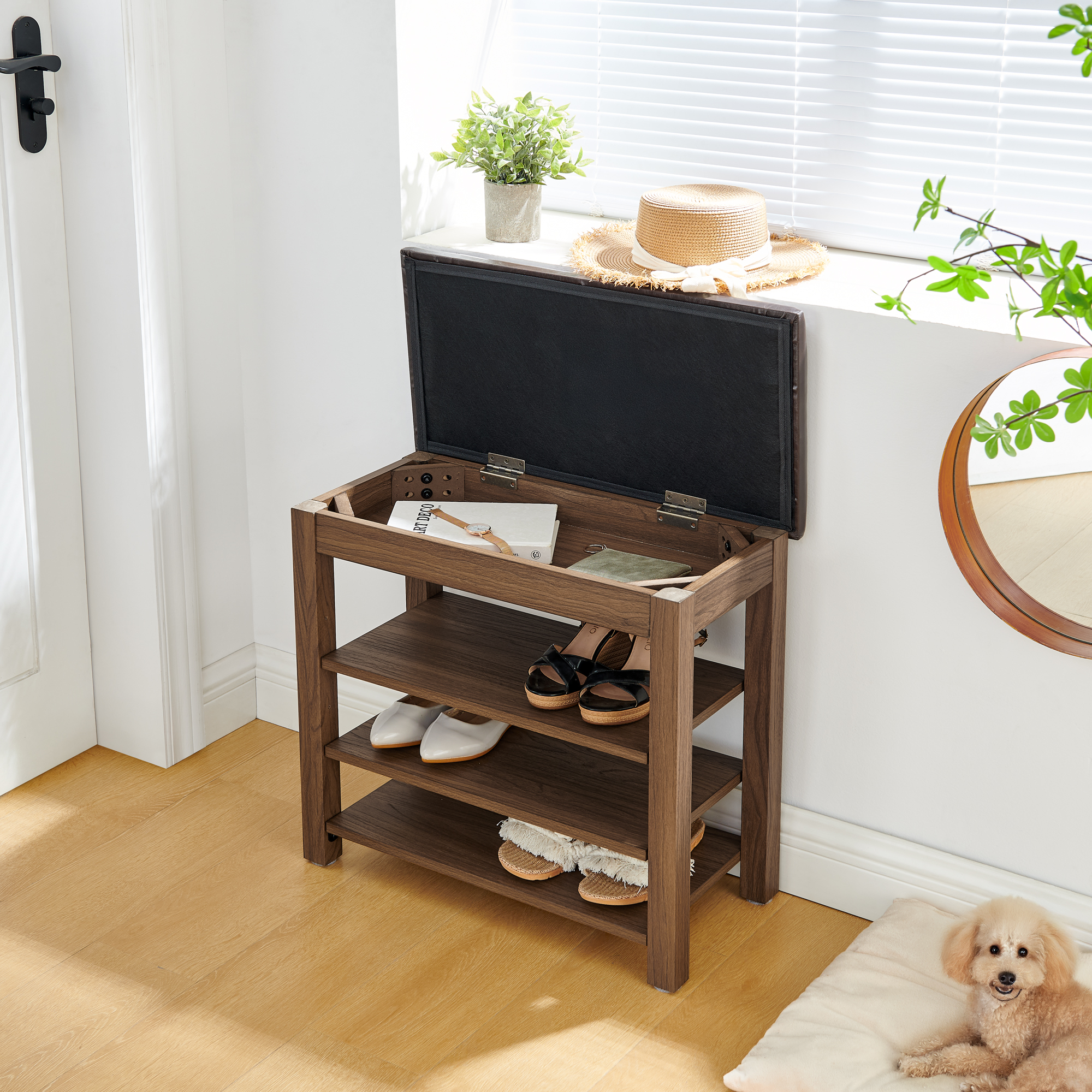 A height-adjustable shoe-changing bench made of high-quality wood, equipped with a comfortable seat and concealed storage space,Natural rubber wood,Brown - Image 3