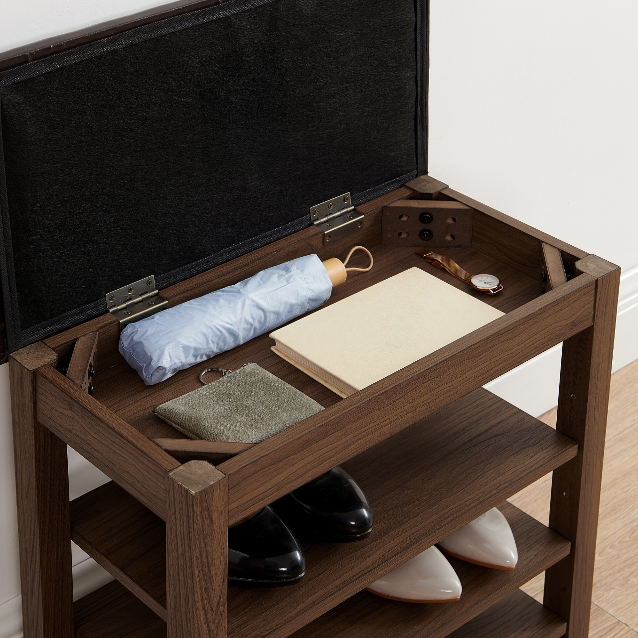 A height-adjustable shoe-changing bench made of high-quality wood, equipped with a comfortable seat and concealed storage space,Natural rubber wood,Brown - Image 4