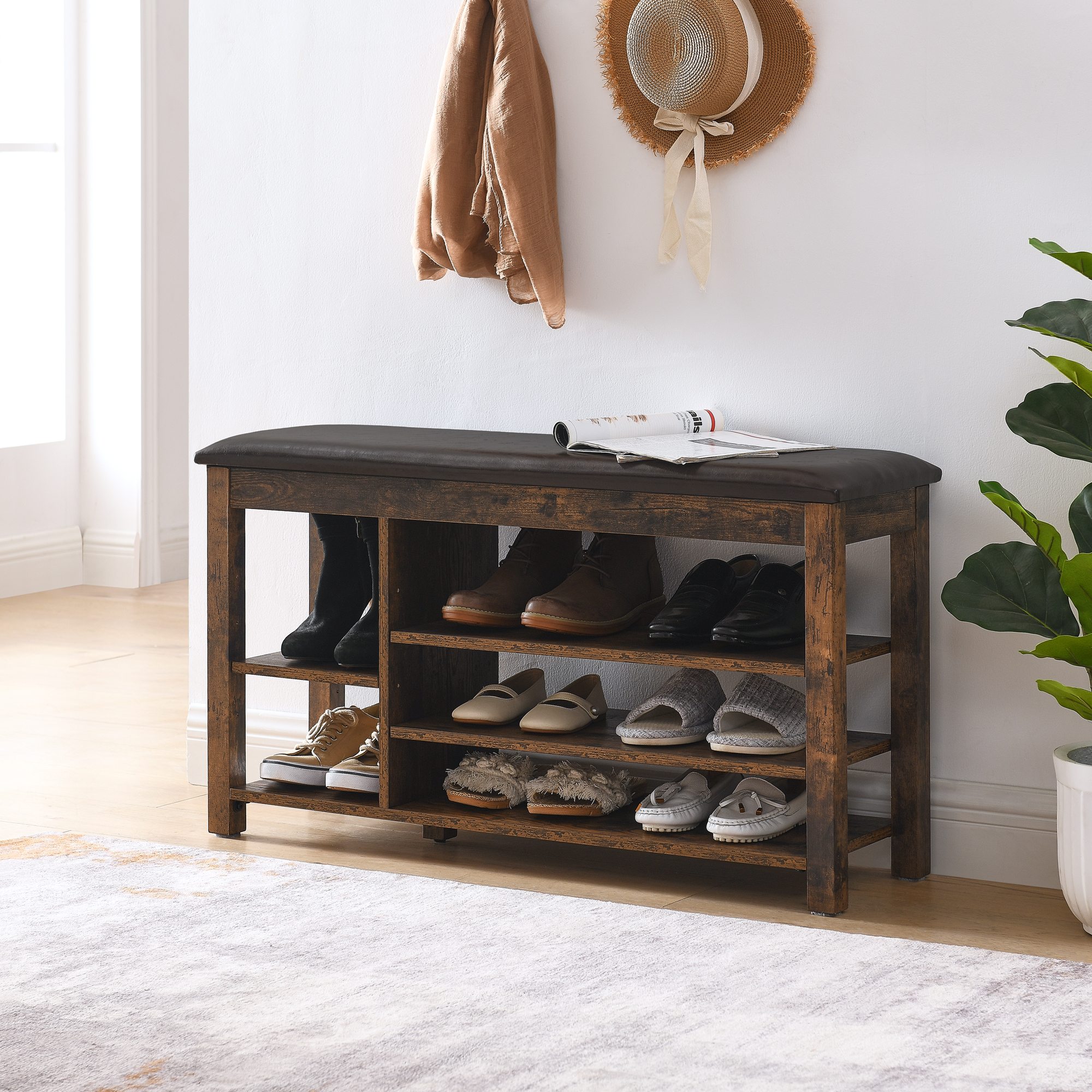 A height-adjustable long shoe-changing bench,made of natural rubberwood,comes with a comfortable seat,concealed storage space and large storage compartments, featuring charcoal-grained wood ,Vintage - Image 2