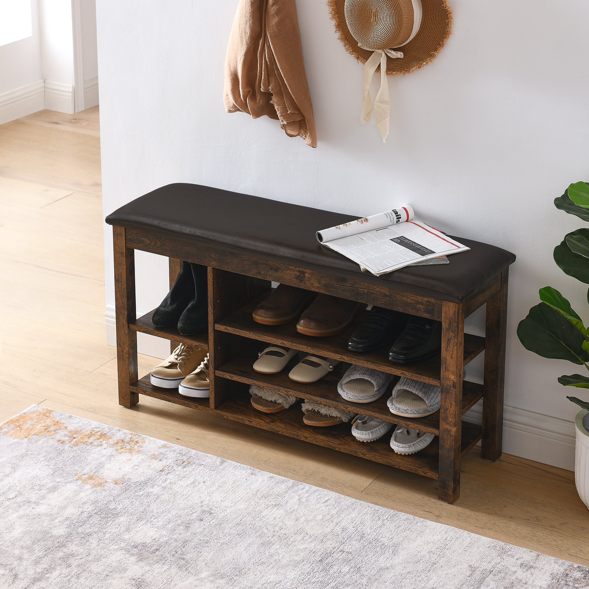 A height-adjustable long shoe-changing bench,made of natural rubberwood,comes with a comfortable seat,concealed storage space and large storage compartments, featuring charcoal-grained wood ,Vintage - Image 3