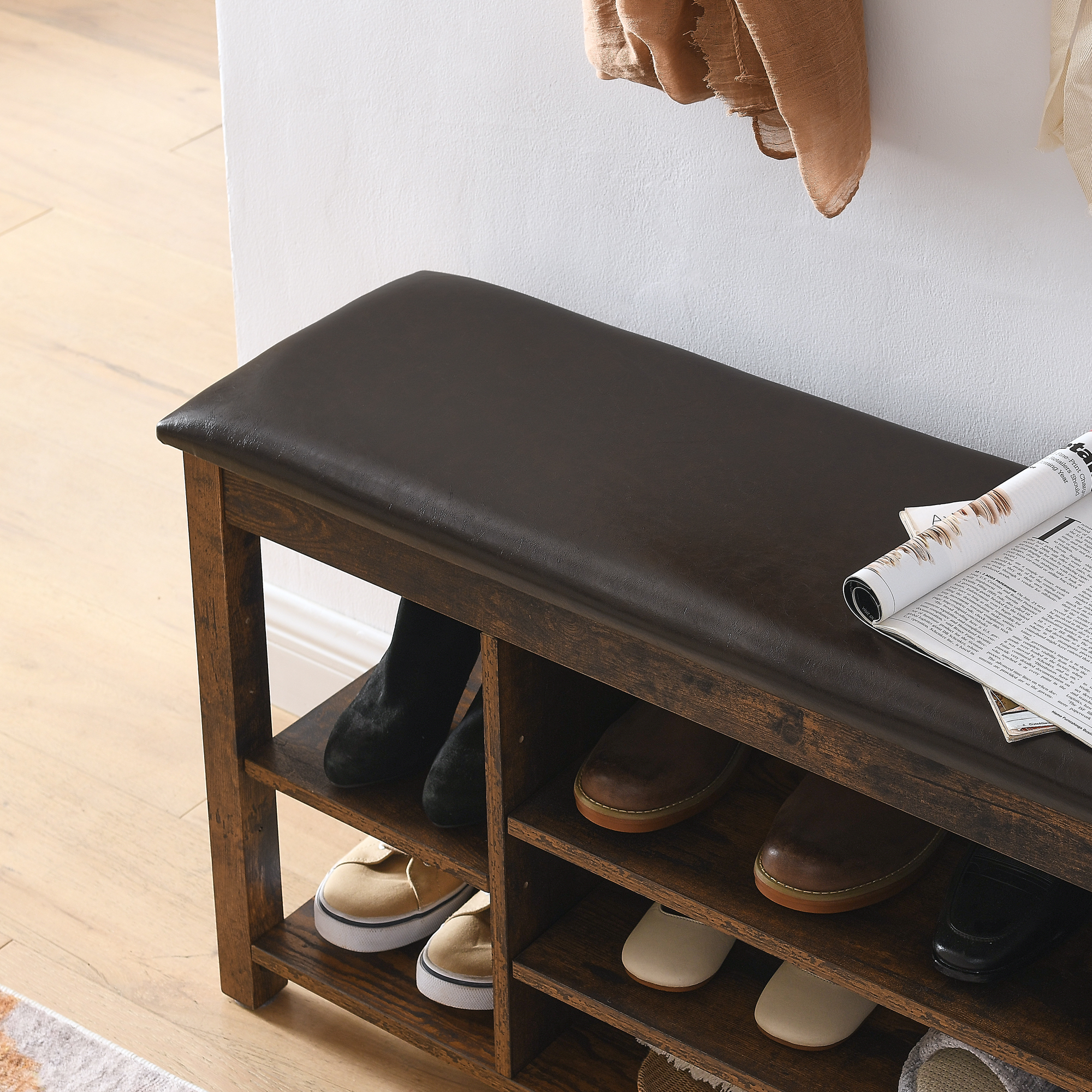 A height-adjustable long shoe-changing bench,made of natural rubberwood,comes with a comfortable seat,concealed storage space and large storage compartments, featuring charcoal-grained wood ,Vintage - Image 4