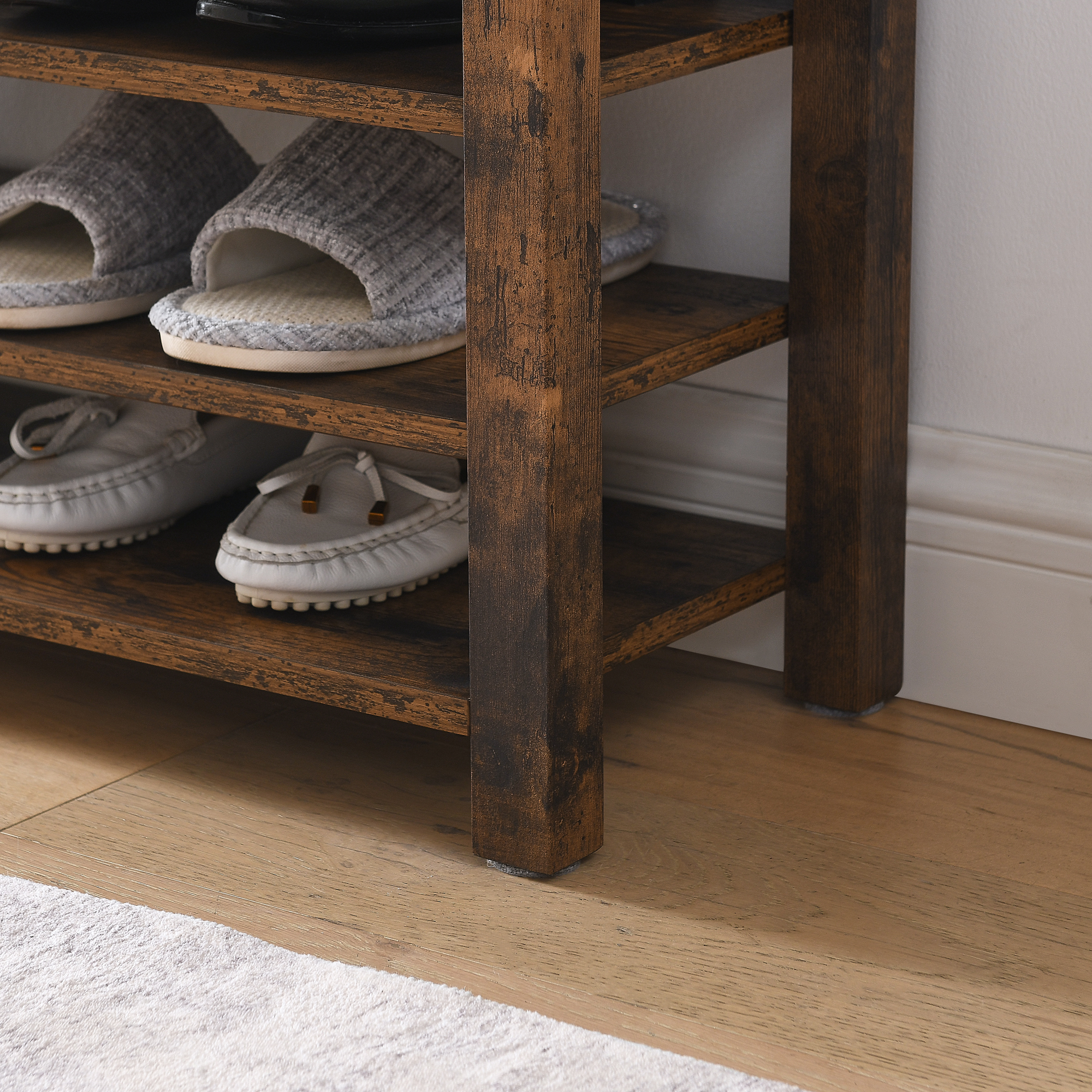 A height-adjustable long shoe-changing bench,made of natural rubberwood,comes with a comfortable seat,concealed storage space and large storage compartments, featuring charcoal-grained wood ,Vintage - Image 5