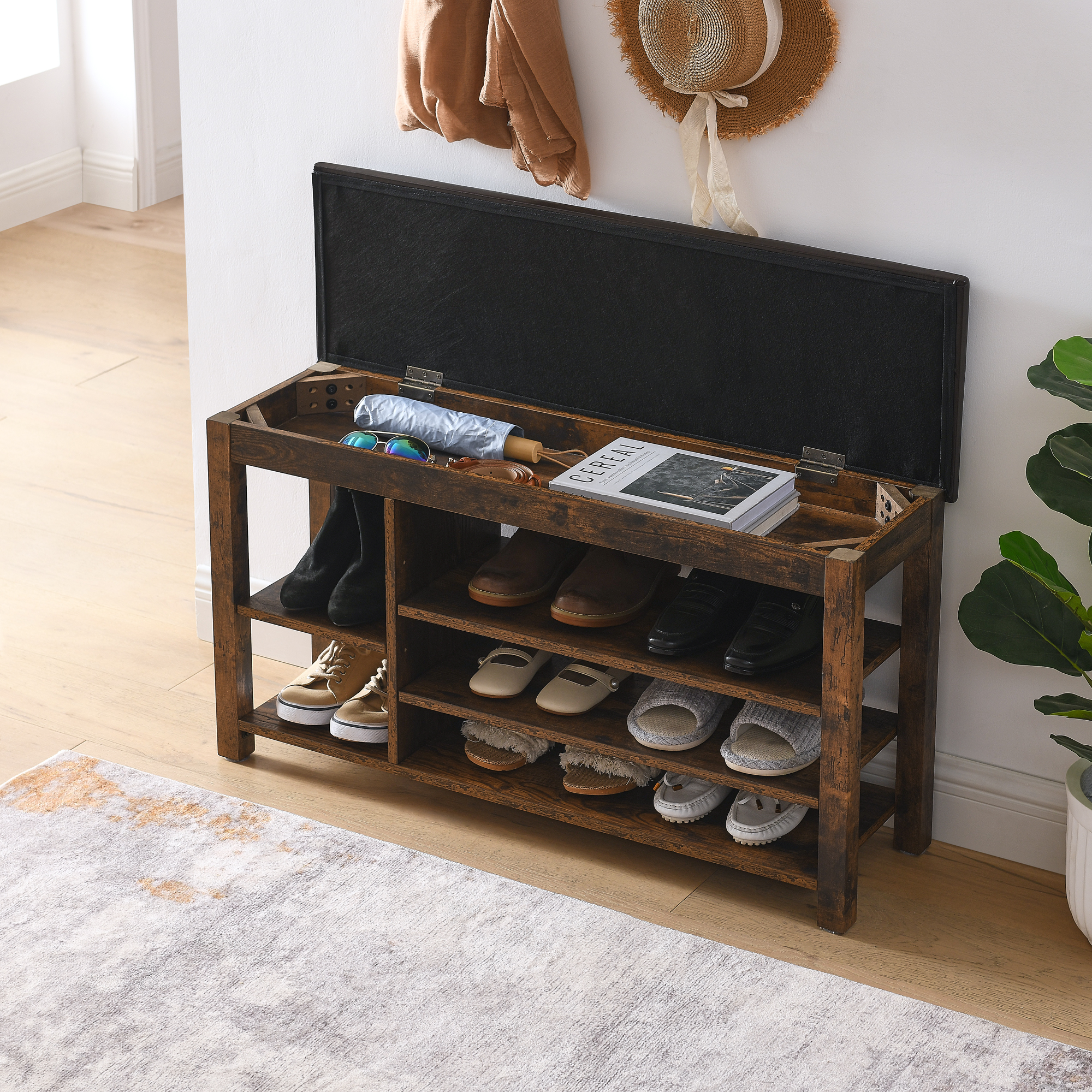 A height-adjustable long shoe-changing bench,made of natural rubberwood,comes with a comfortable seat,concealed storage space and large storage compartments, featuring charcoal-grained wood ,Vintage - Image 6