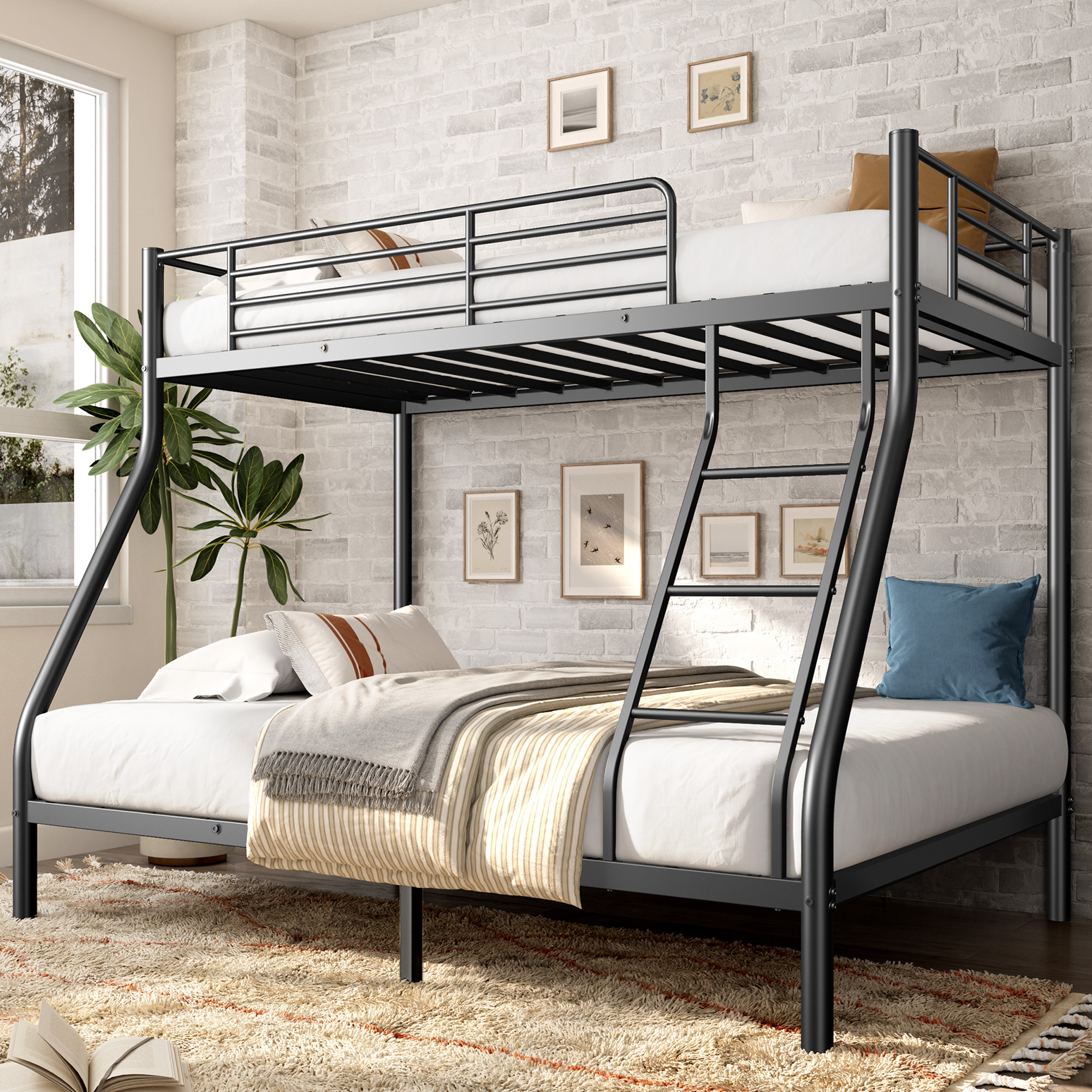 Metal Bunk Bed, Twin Over Full Size Support for Adults Teens, Black - Image 1