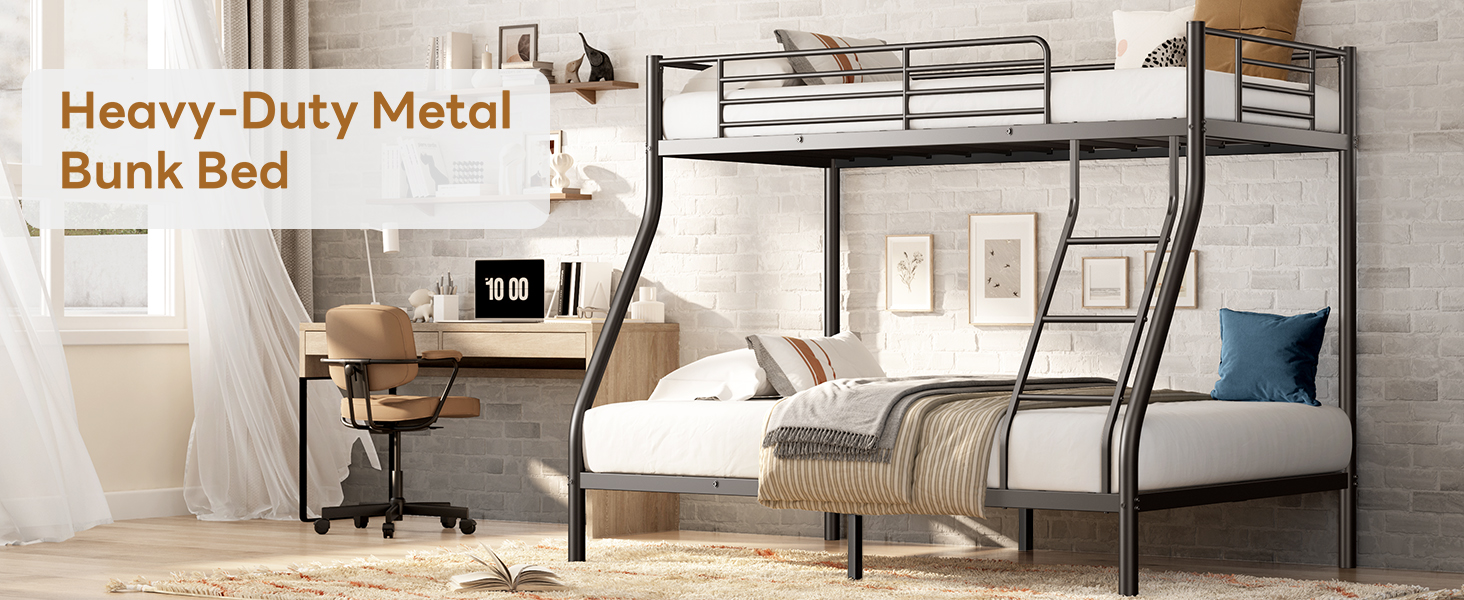 Metal Bunk Bed, Twin Over Full Size Support for Adults Teens, Black - Image 3