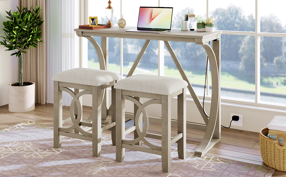 TOPMAX Farmhouse 3-Piece Counter Height Dining Table Set with USB Port and Upholstered Stools,Milky White - Image 2
