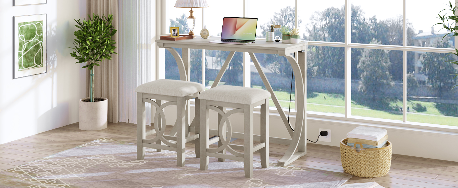 TOPMAX Farmhouse 3-Piece Counter Height Dining Table Set with USB Port and Upholstered Stools,Milky White - Image 3