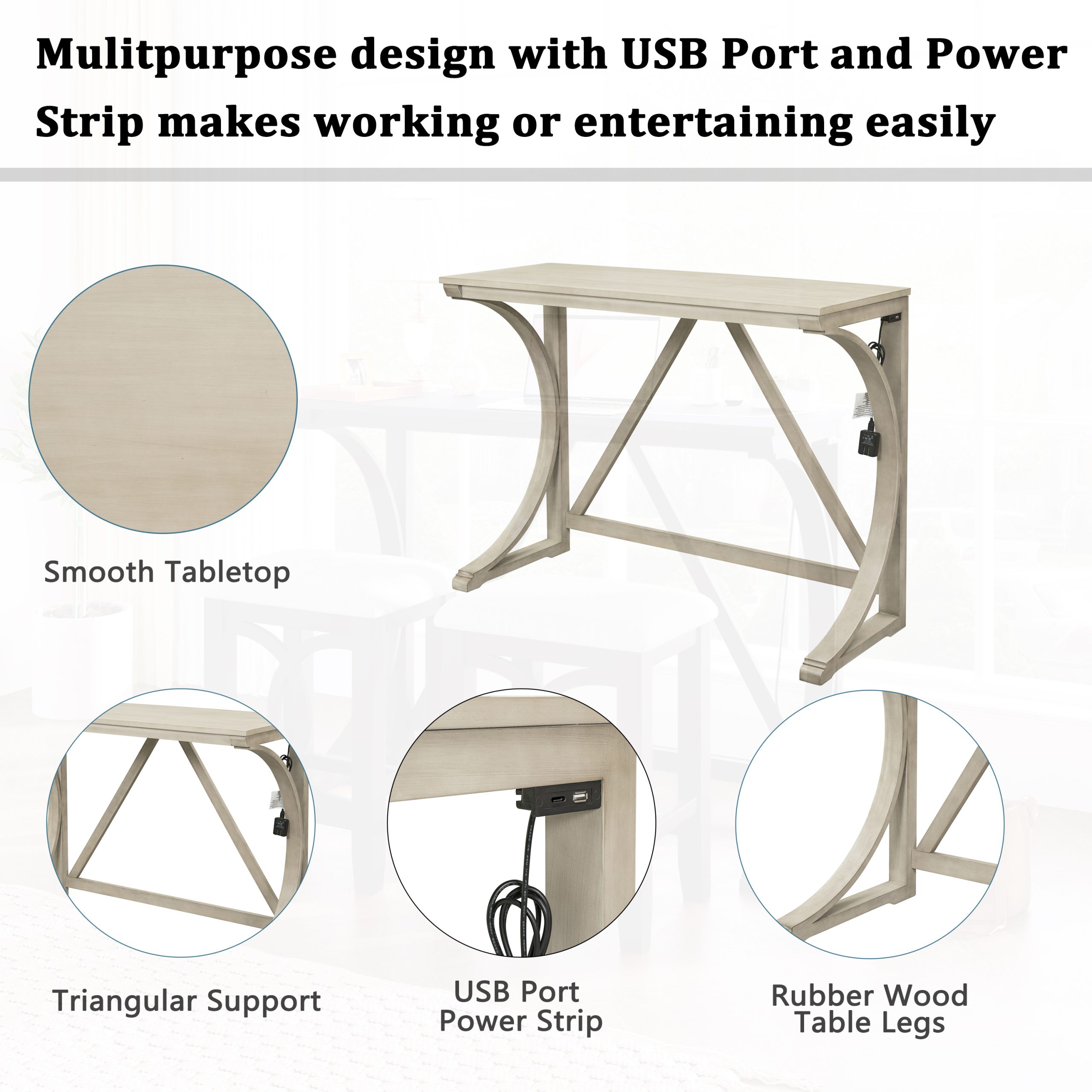 TOPMAX Farmhouse 3-Piece Counter Height Dining Table Set with USB Port and Upholstered Stools,Milky White - Image 4