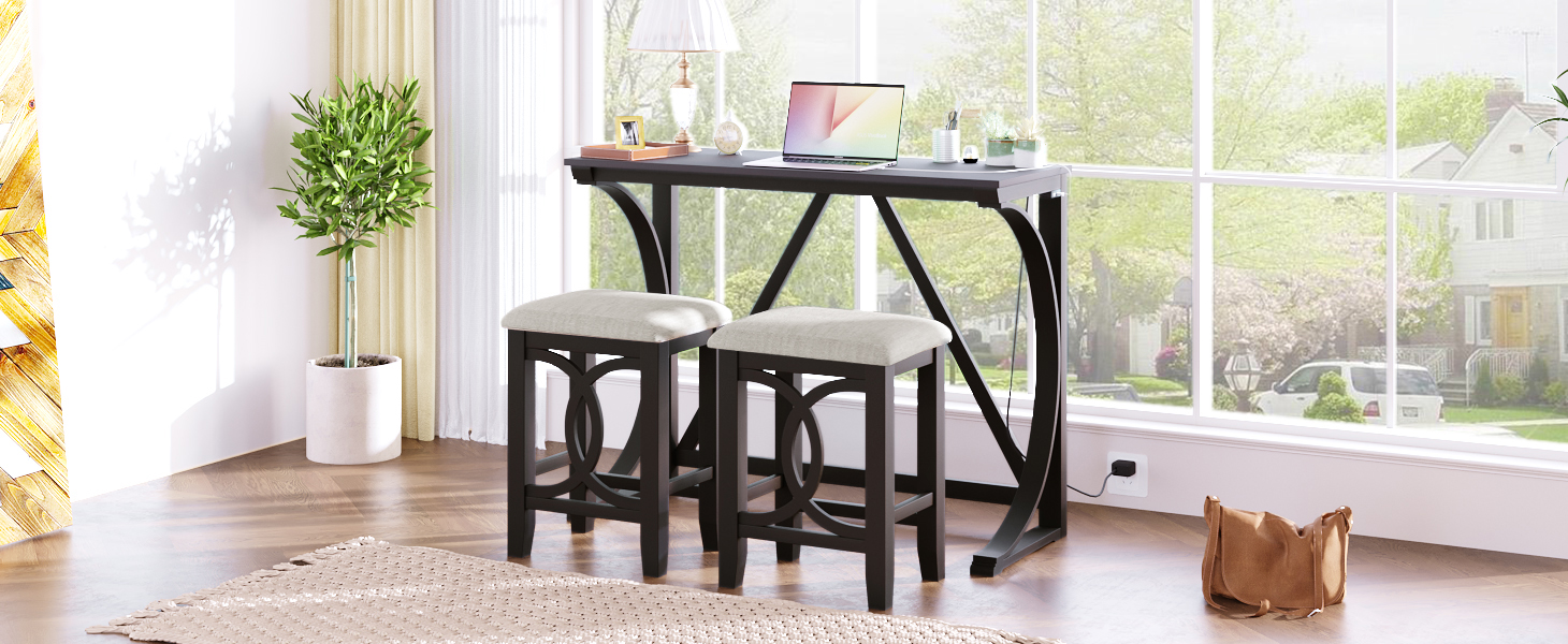TOPMAX Farmhouse 3-Piece Counter Height Dining Table Set with USB Port and Upholstered Stools,Espresso - Image 2