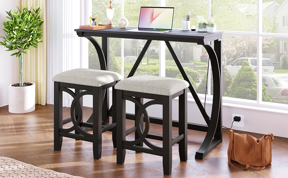 TOPMAX Farmhouse 3-Piece Counter Height Dining Table Set with USB Port and Upholstered Stools,Espresso - Image 3