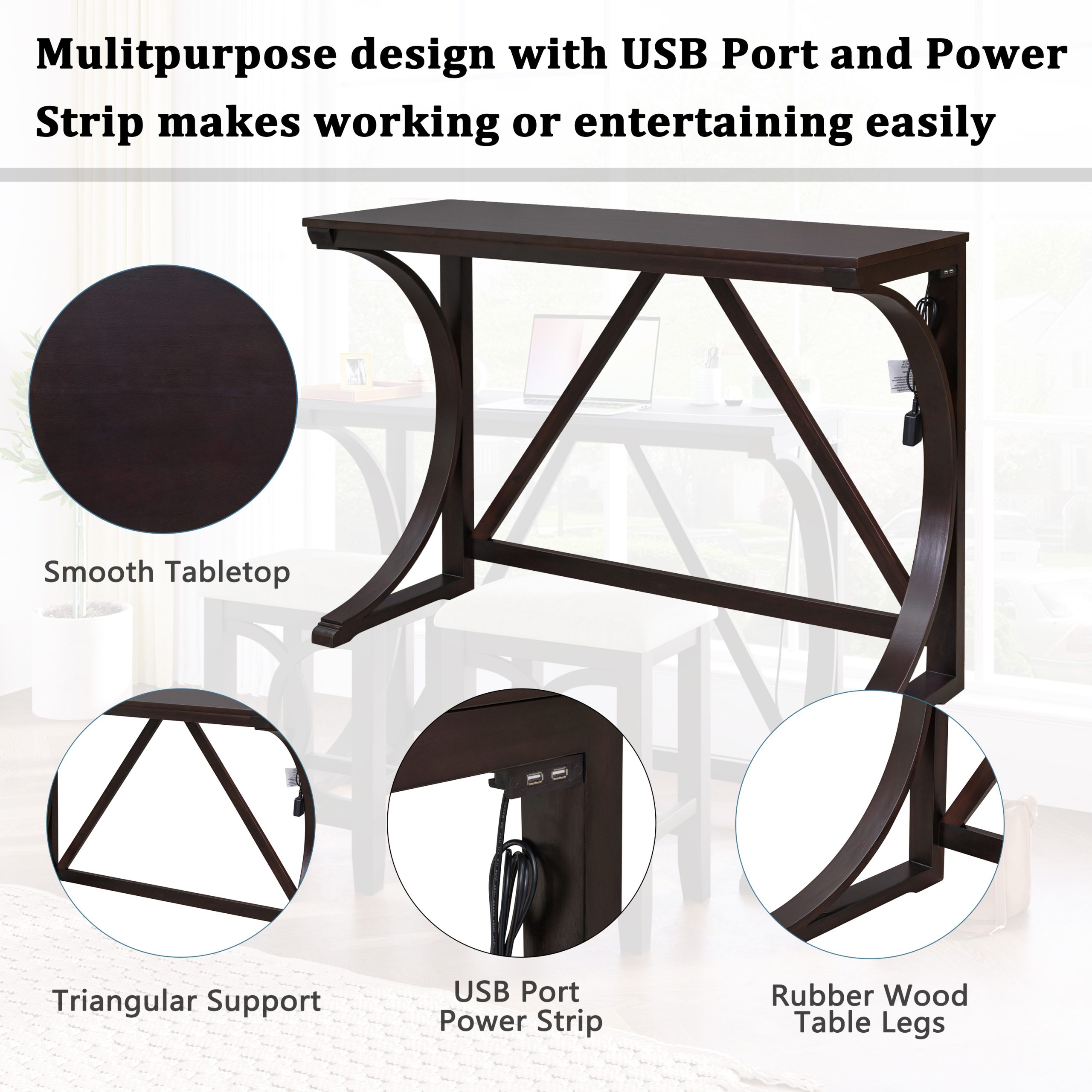 TOPMAX Farmhouse 3-Piece Counter Height Dining Table Set with USB Port and Upholstered Stools,Espresso - Image 4