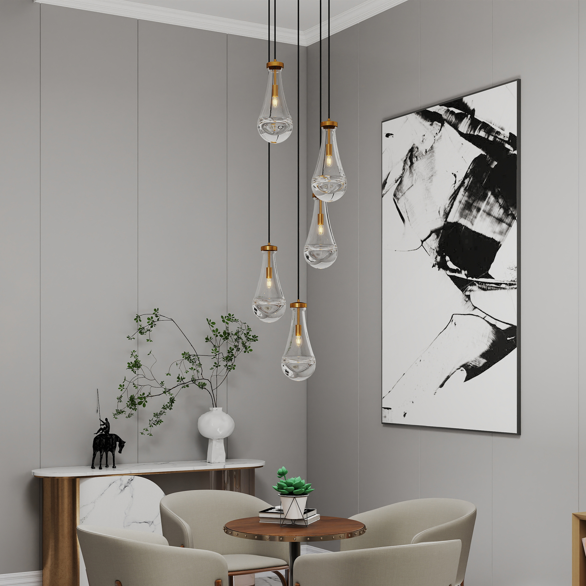 5 Light Cluster Pendant Light, Brass High Ceiling Chandeliers Adjustable, Living Room Pendant Light, Foyer Chandeliers, Stairwell Pendant Lights,E12 not Including Bulb - Image 2